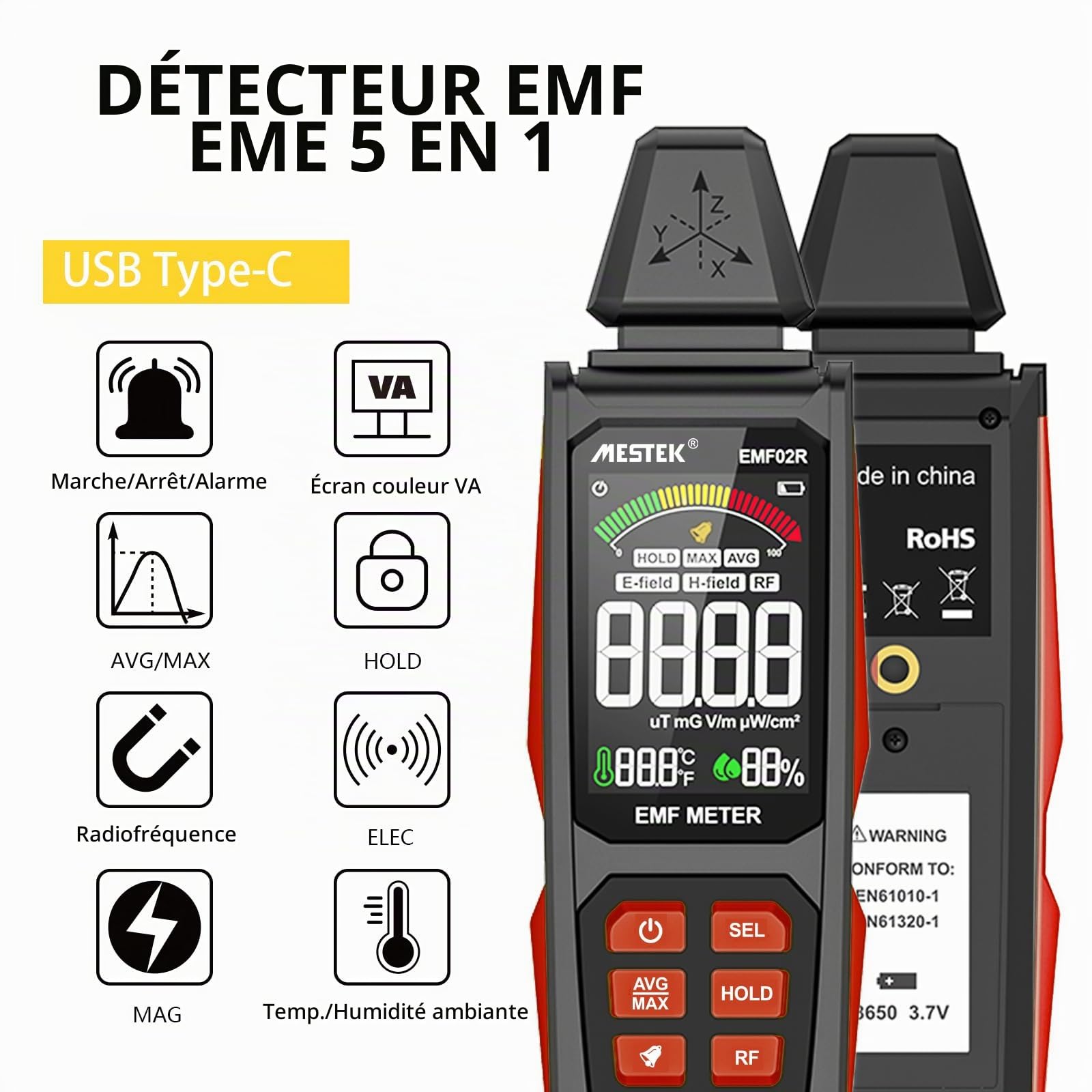 Detecteur EMF MESTEK 5 in1 Test EF/MF/RadioFréquence, Champ Électrique/Magnétique/Haute Fréquence, Détecteur de Rayonnement Électromagnétique Portable Pour Extérieur, Maison,Chasse aux Fantômes