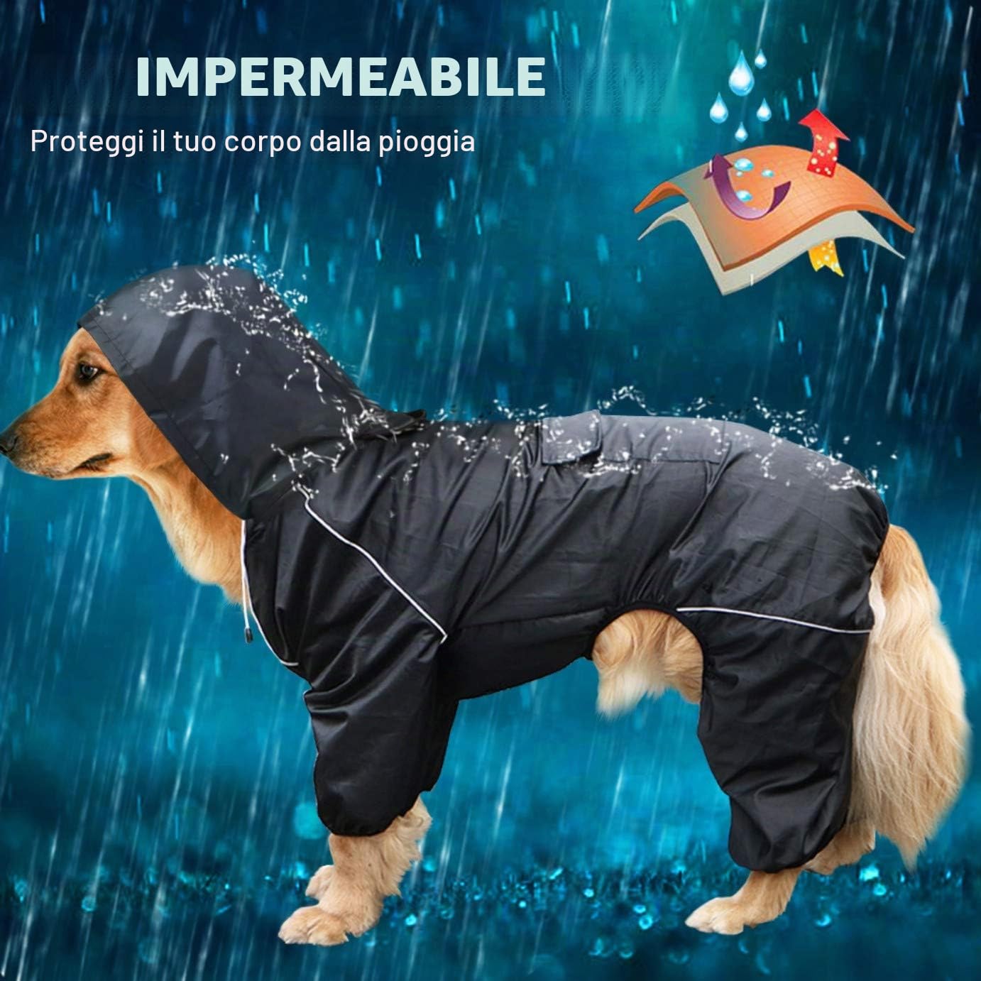 Idepet Impermeabile per cani con cappuccio e foro per collo, poncho impermeabile per pioggia per cani Giacca per pioggia riflettente per cani Felpe con cappuccio antivento