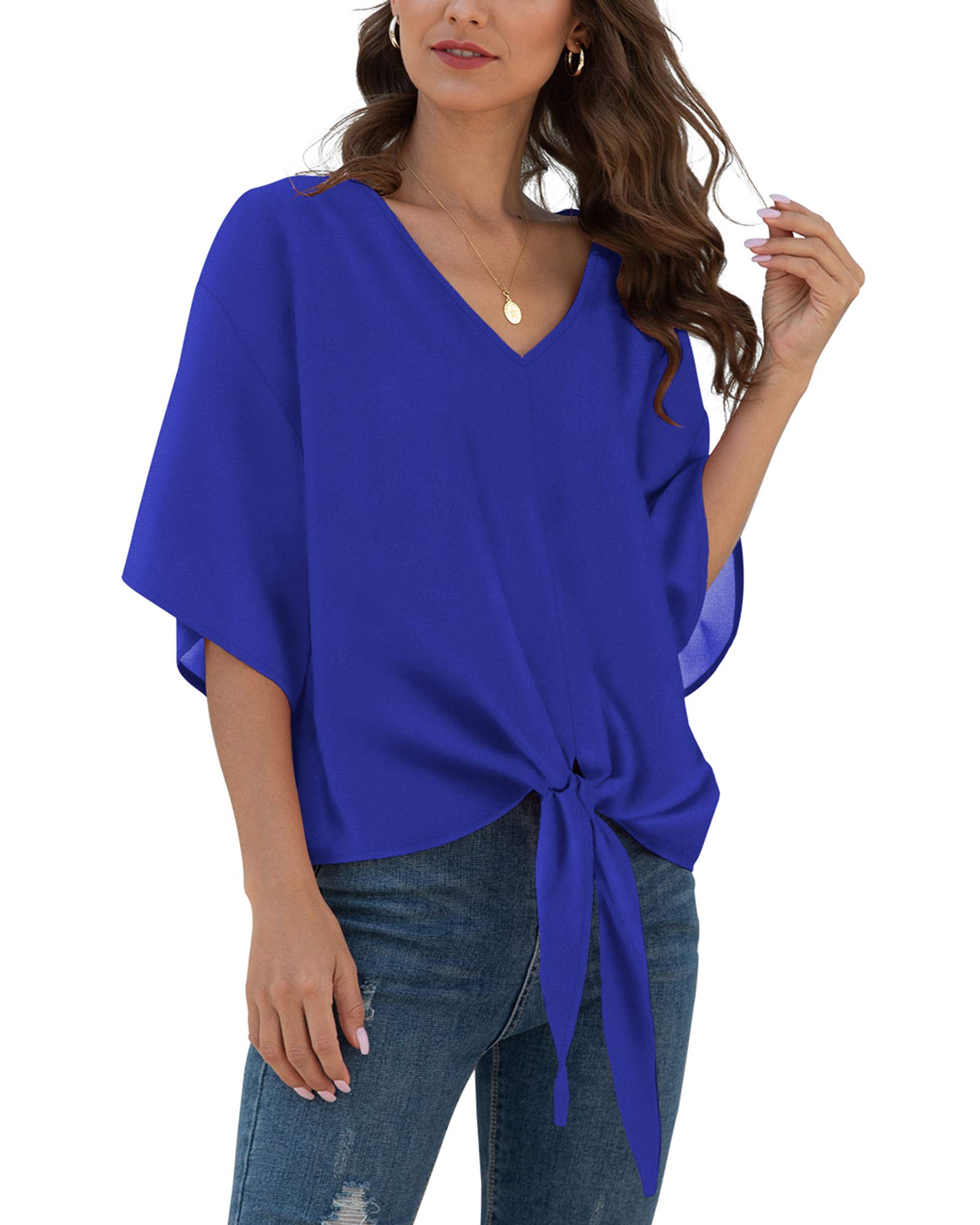 VIISHOW Womens Tie Front Chiffon Blouses V Neck Batwing Short Sleeve Summer Floral Tops Shirts
