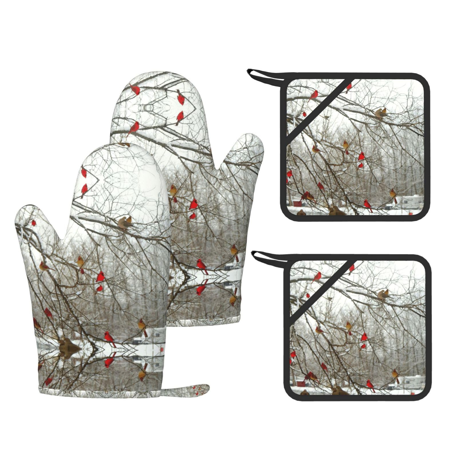 Birch Trees Printed Potholder and Oven Mitt Set of 4, High Heat Resistant Cooking Gloves for BBQ Grilling