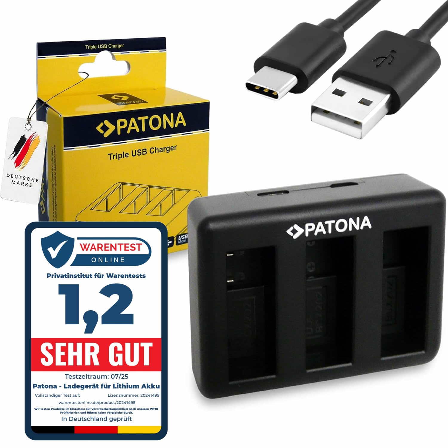 PATONA Potrójna ładowarka USB-C do DJI Osmo Action 3 4 5 6, BCX202 | Kompaktowa ładowarka podróżna (3-Fach) z kablem USB
