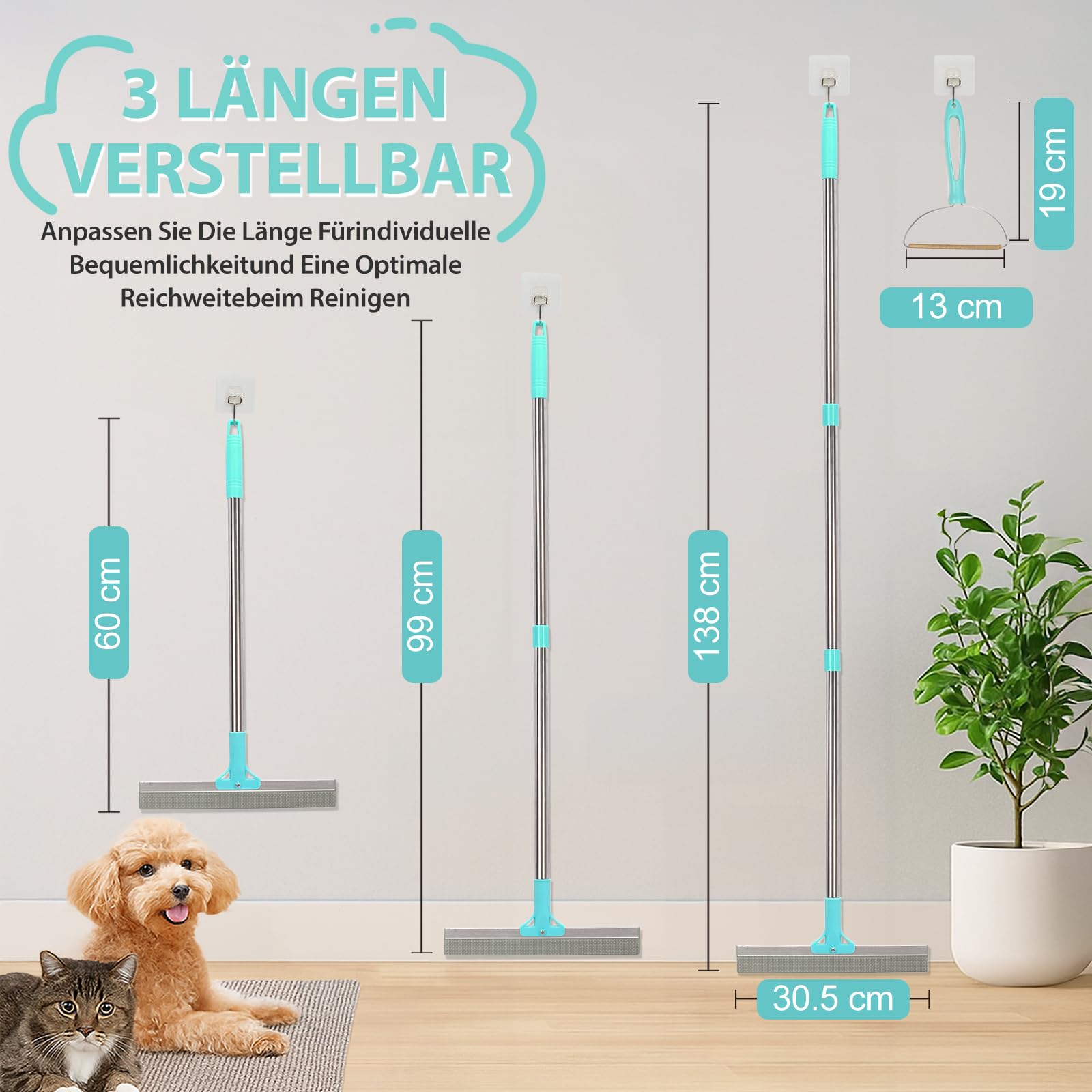 Tierhaarentferner, 2-in-1-Haarentferner, Teppichbürste mit 138 cm Verstellbarem Griff zum Entfernen von Tierhaare aus Autos, Teppichen, Fußböden, Sofas und Kleidung (Blau)