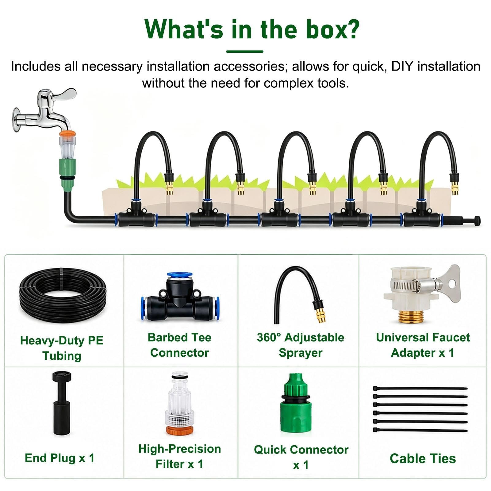 Kit Arrosage Automatique Kit de Système D'irrigation Goutte-à-Goutte Flexible | Kit de Brumisation Rafraîchissante Anti-fuite avec Tuyau en PE, Buses en Laiton Réglables et Raccords en T(65m/213ft)