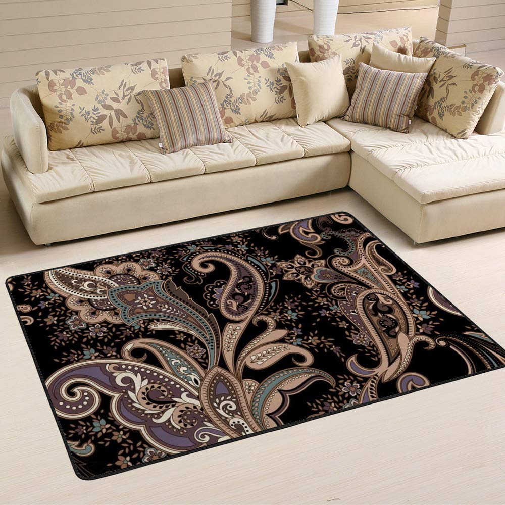 Tapis de sol motif cachemire noir Ruchen anti-poussière pour salon