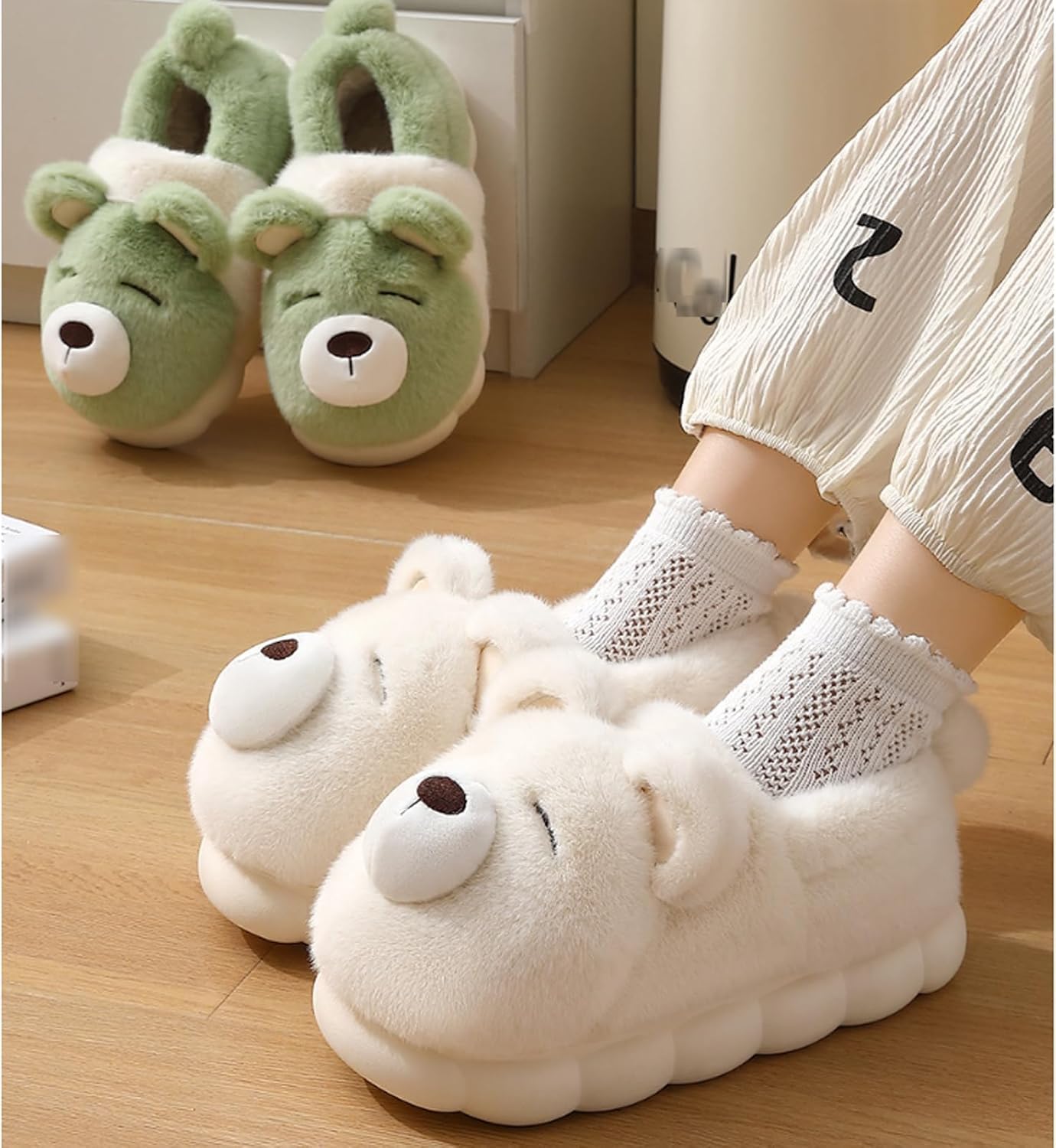 Genérico Lindas Pantuflas De Oso Polar, Antideslizantes Y De Felpa Cálida