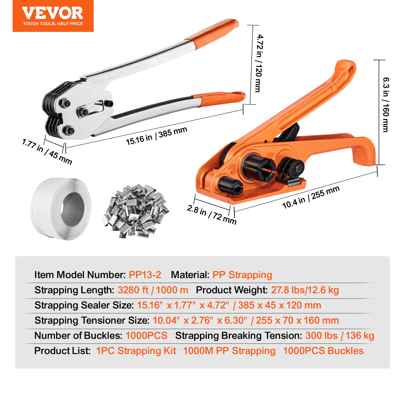 VEVOR Kit di reggiatura con tenditore, strumento sigillante, fascia in PP lunghezza 3280 piedi, 1000 sigilli metallici, kit di reggiatura per imballaggio per pallet