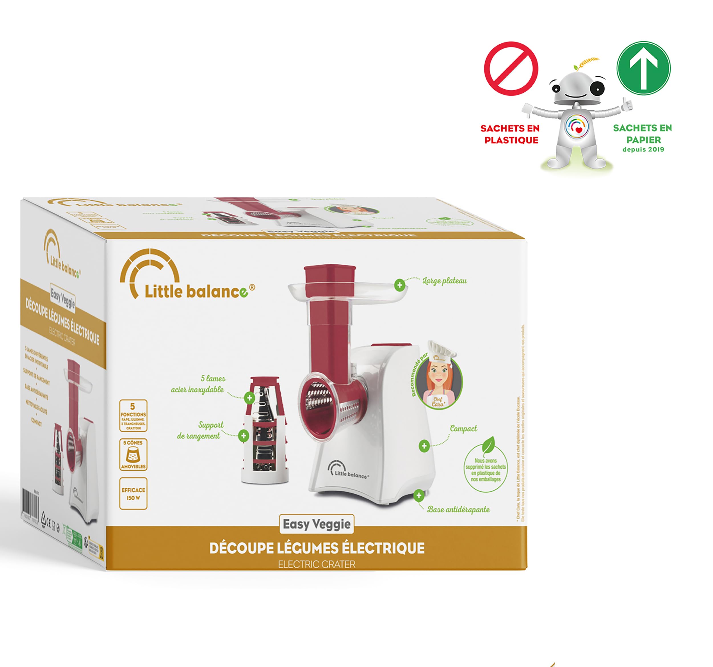 LITTLE BALANCE 8701 Easy Veggie, Découpe légumes électrique 4 en 1, Râper émincer trancher gratter, Large plateau sur goulotte, 5 accessoires en acier inoxydable amovibles, 150 W, Blanc/Rouge