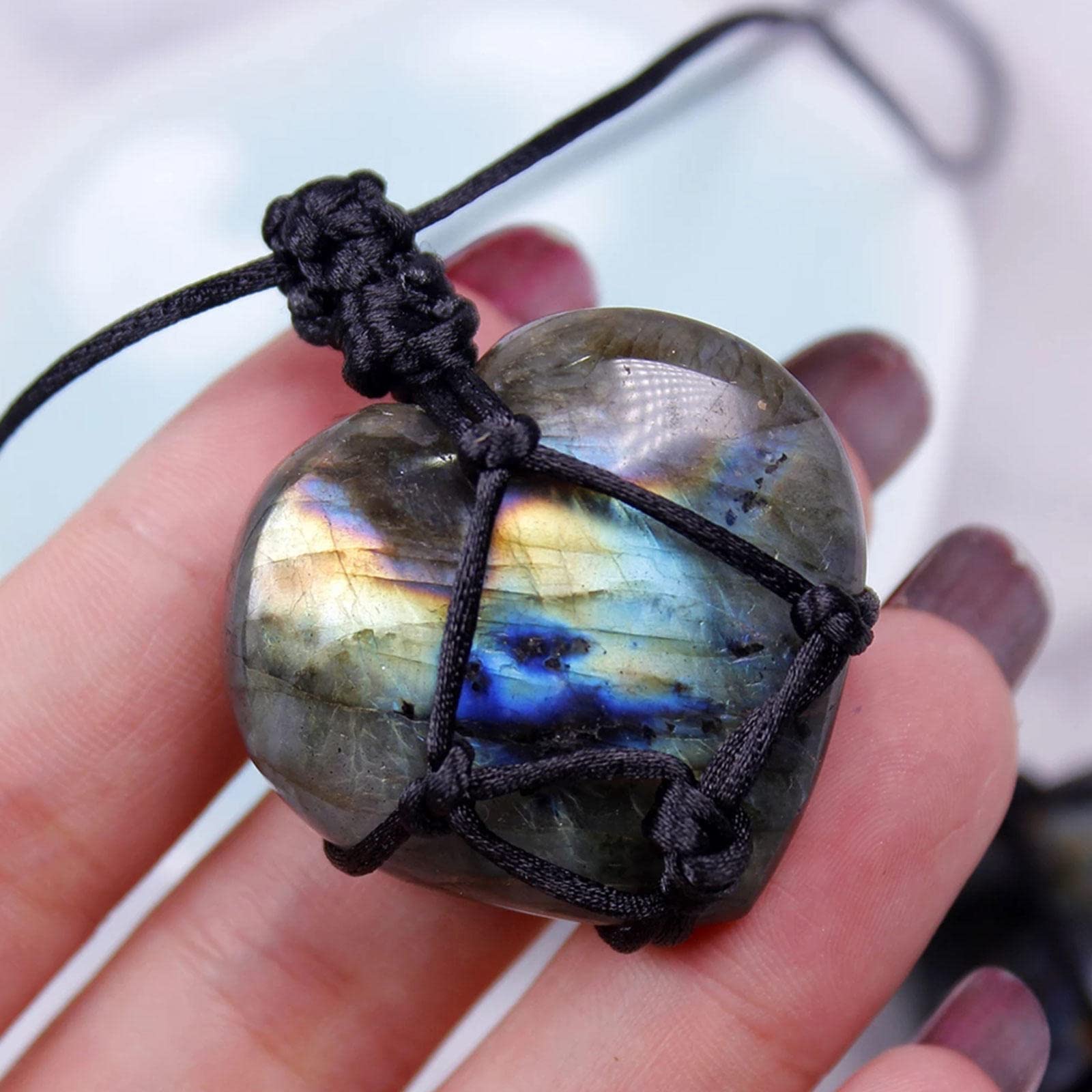 Collar de Cristal de corazón de labradorita Natural Colgante de Chakra curativo con Cuerda Tejida a Mano Colgante de Piedra curativa de Piedra Lunar de Piedra de Palma de labradorita