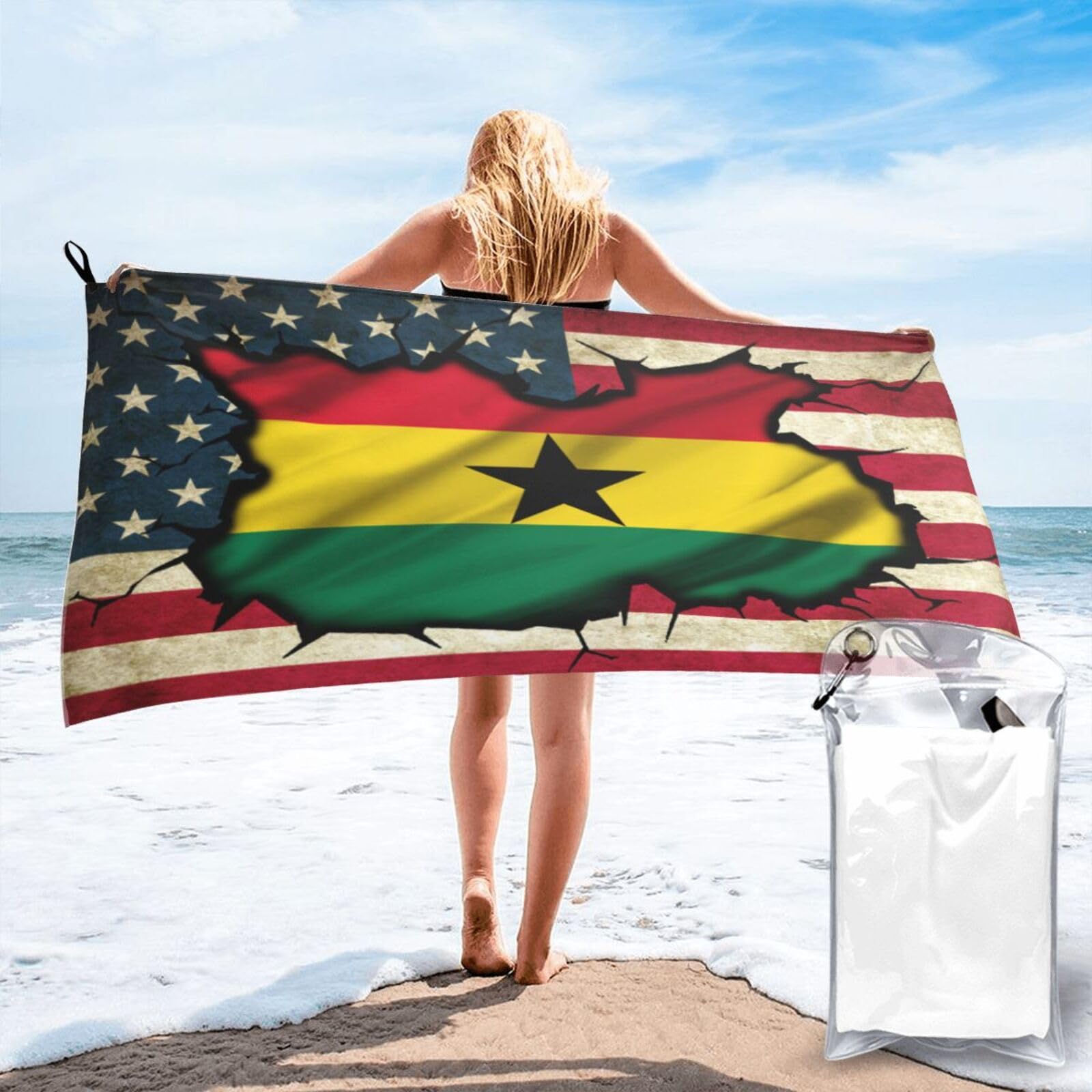 HACXZ Vintage America Flag and Ghana Ghanaian Flag Absorbent Beach Towel Microfiber Beach Towel Lightweight 31.5"X63"