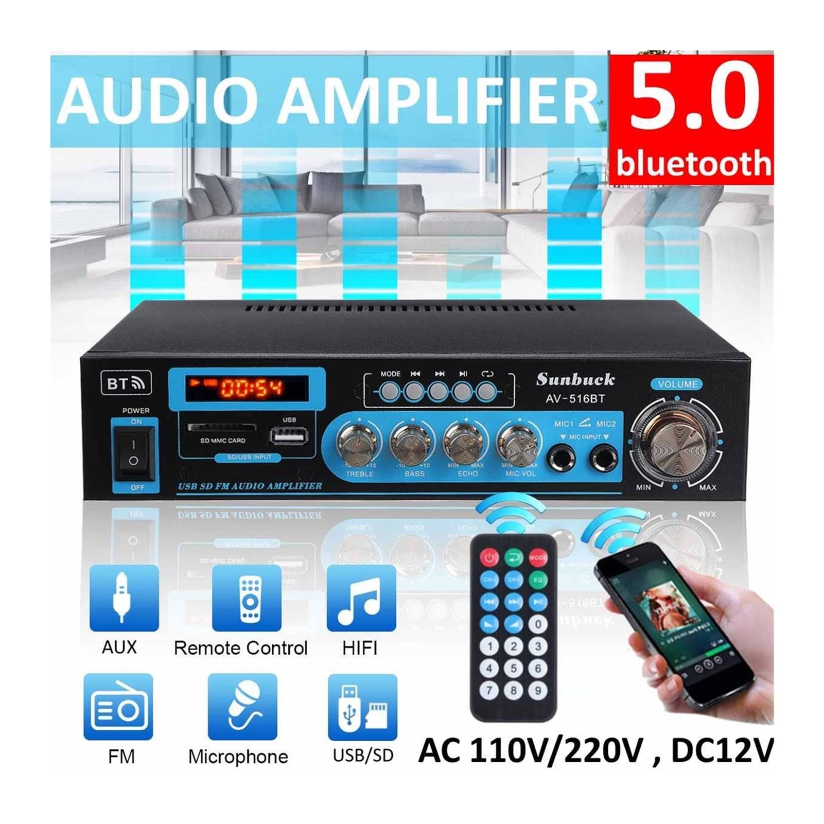 1200W Wzmacniacz Bluetooth 2CH HIFI Moc dźwięku stereo AMP USB FM Radio samochodowe kina domowego z pilotem(608BT black US)