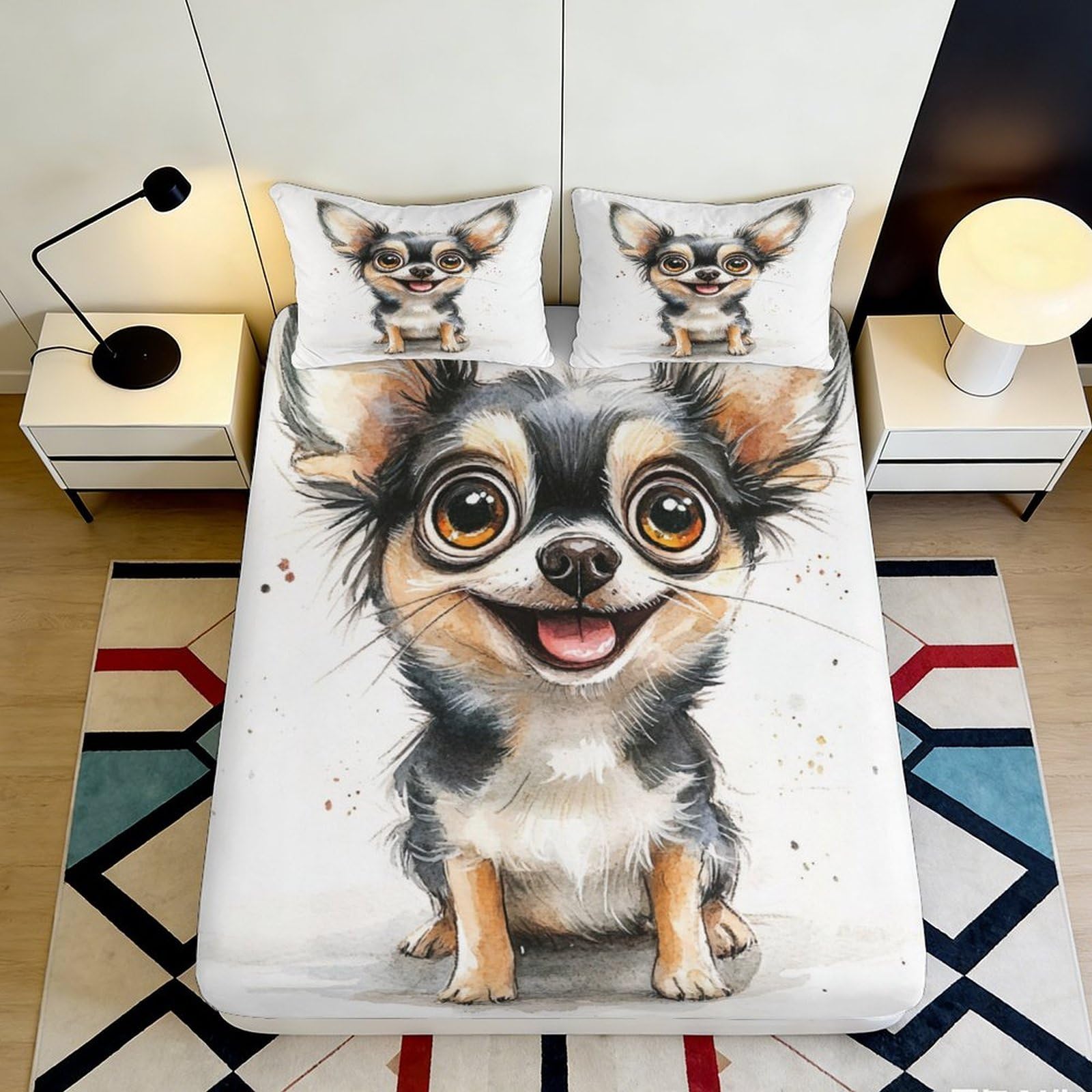 3D Printed Cute Chihuahua Fitted Sheet Microfiber Soft Breathable Cartoon Dog Bed Cover for Bedroom Dorm Decor 90x200x25cm