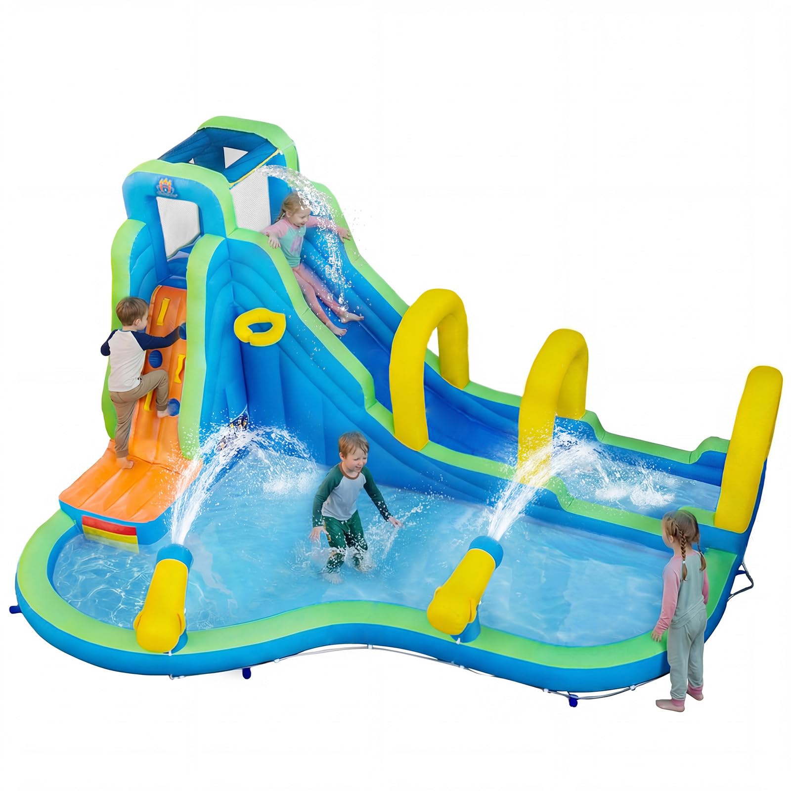 COSTWAY Hüpfburg mit Rutsche, Planschbecken, Kletterwand, Basketballkorb & 2 Wasserkanonen, Wasserhüpfburg für Kinder, Wasserpark für Außenbereich, 465 x 345 x 242 cm