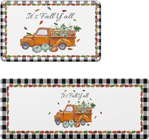 Kitchen Rugs Thanksgiving Farmhouse Pumpkin Truck It's Fall Y'all Kitchen Runner Rugs Set of 2 Non Skid Bath Mats Set Absorbent Carpet Diatomaceous