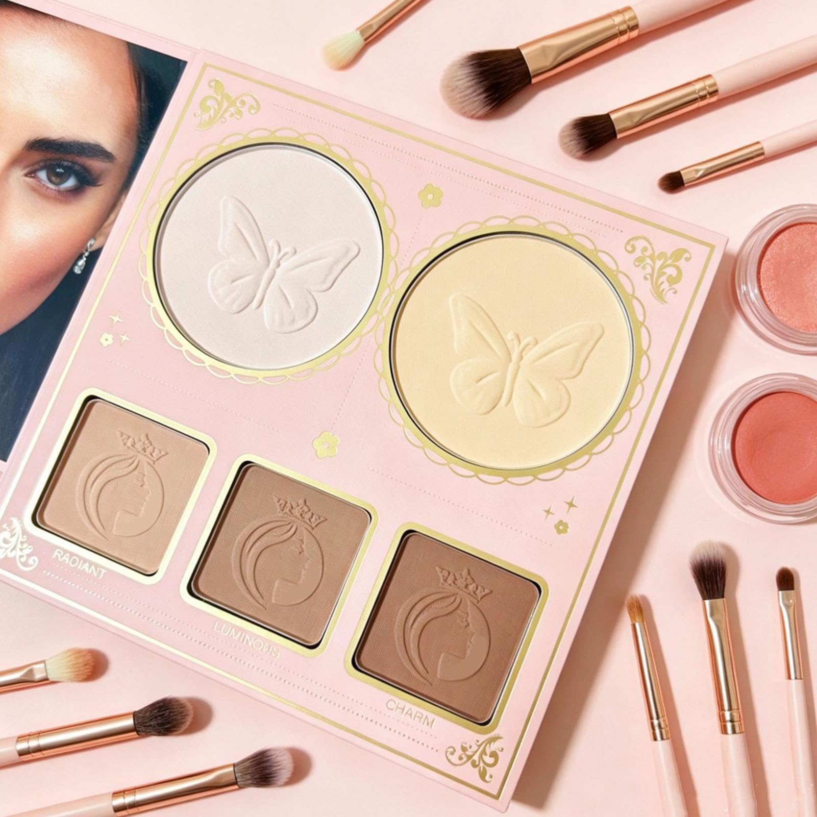 Palette Per Il Viso Illuminante, Blush, Contorno Viso Con Effetti Shimmer E | Palette Ombretti Pigmentata a Libro Trucco per Donne Ragazze Moglie Fidanzata Casa Ufficio All'aperto Feste e Va