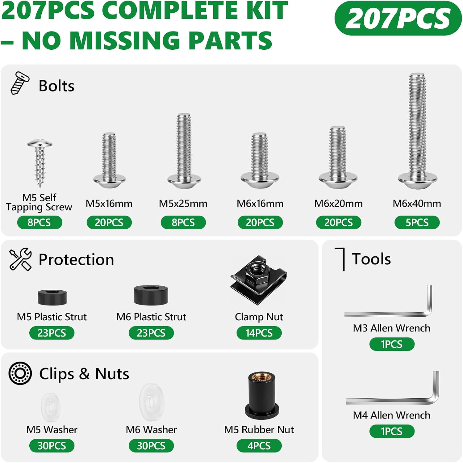 207Pcs 304 Stainless Steel Motorcycle Fairing Bolt Kit, M5 M6