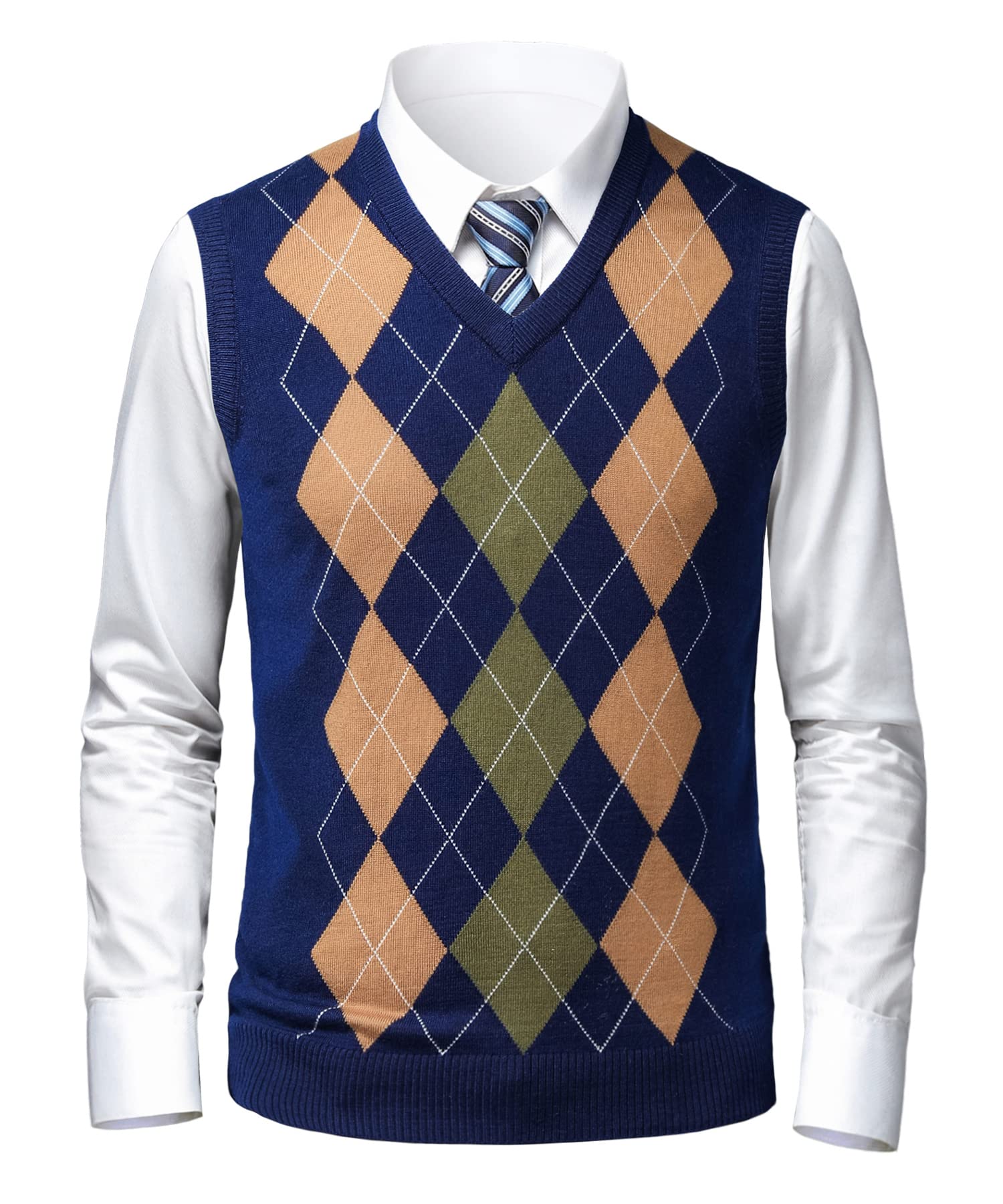 Suéter Chaleco V-Cuello para Hombre Patrón de Diamante Jersey de Cárdigan Lana sin Mangas Cuadros Chaqueta De Punto Jerséis de Invierno Otoño