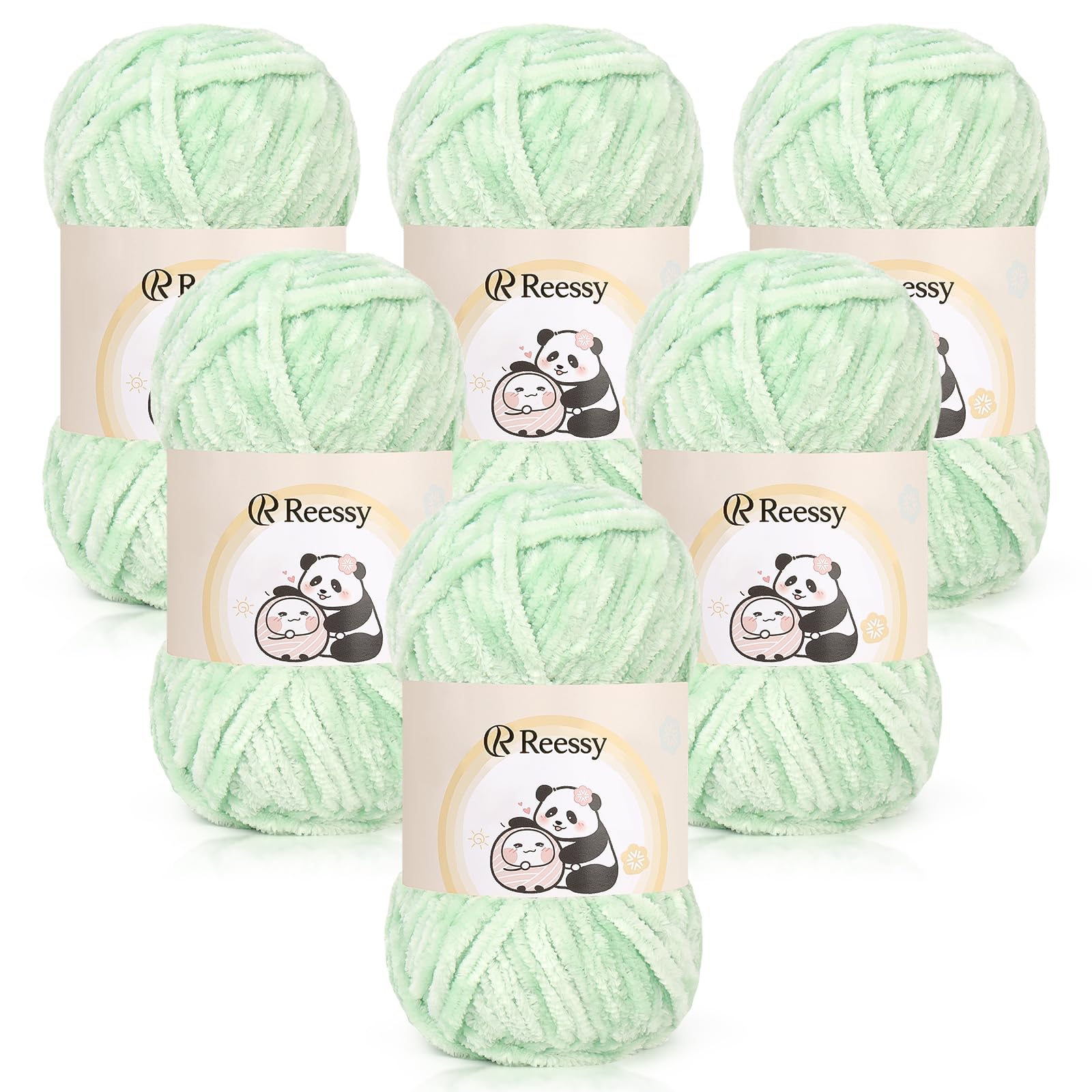 Reessy Chenille Yarn 600g(6×100g), Super Soft Fluffy Velvet Yarn Set, Thick Yarns Knitting Wool for Knitting and Crochet Amigurumi, Handbag, Blankets, DIY(Light Green)
