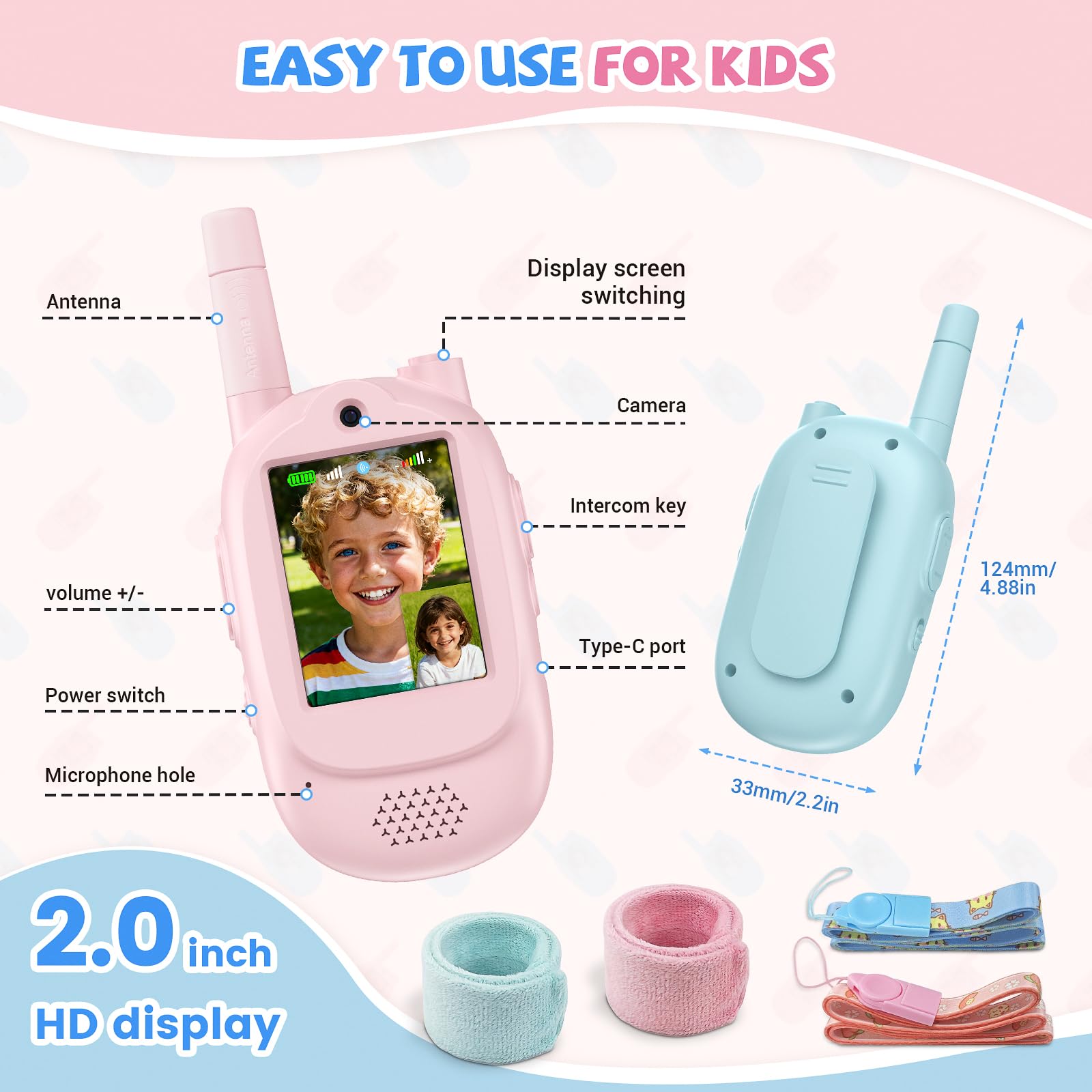 Talkie walkie vidéo pour Enfants, Cadeau pour Les garçons et Les Filles à partir de 3 Ans, Talkie-walkie Rechargeable, Jeux et Jouets pour Enfants, Coloris Rose et Bleu
