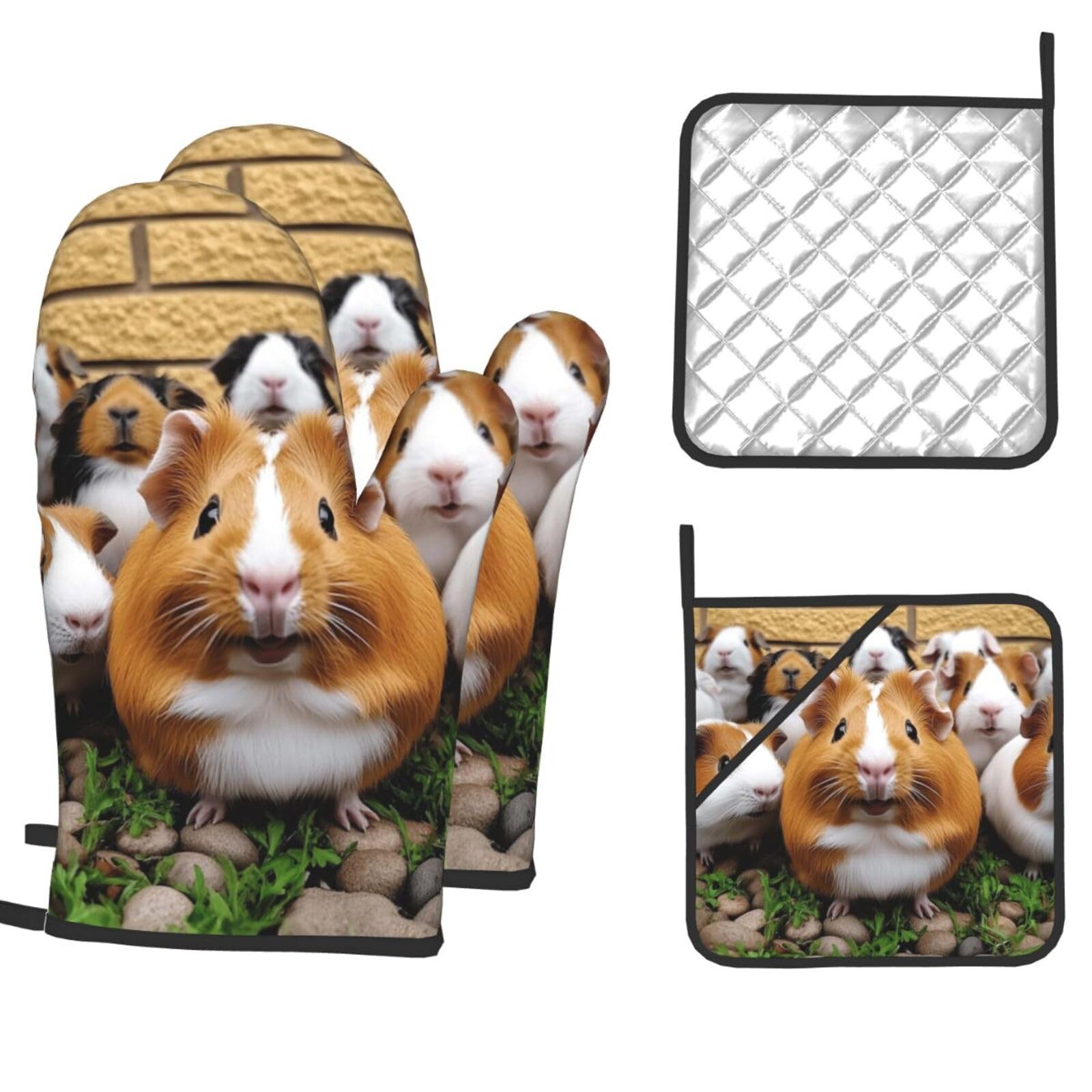 Oven Mitts and Pot Holders Set of 4 Heat Resistant Non-Slip Kitchen Gloves Hot Pads Guinea Pigs Non-Slip Potholders for Cooking Baking Grilling BBQ
