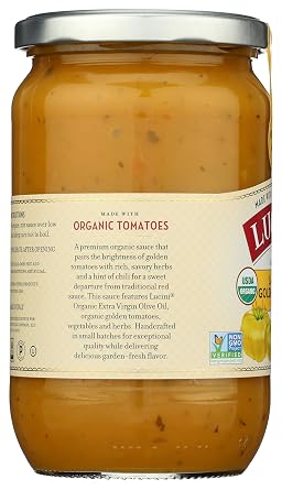 Lucini Organic Golden Tomato Sauce - Classic Italian Sauce in Glass Jar - Fresh Organic Tomatoes - No Sugar Added Pasta Sauce, 24 oz