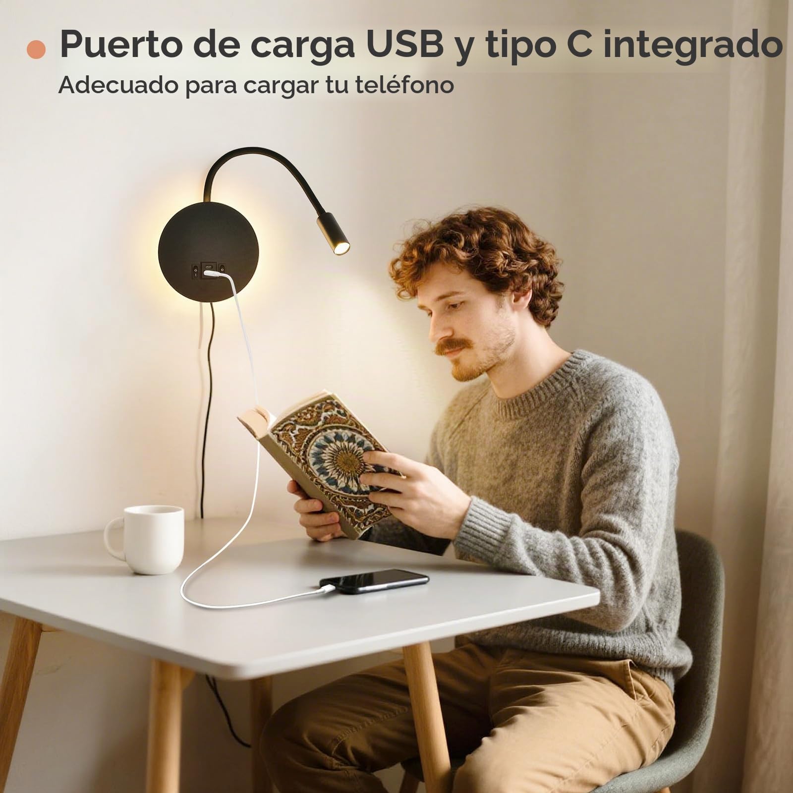 Lámpara De Lectura De Pared Con Puerto De Carga USB Y USB-C, Iluminación Ambiental, Lámpara De Cama LED, Lámpara De Pared Flexible, Lámpara De Pared Con Enchufe (Negro)