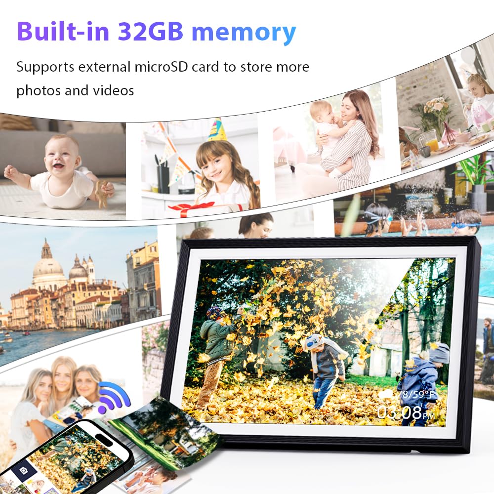 Cornice digitale 32 GB, 10,1 pollici, Wi-Fi, touchscreen, HD 1280x800 IPS, rotazione automatica, condividi le foto sempre e ovunque tramite l'app Frameo/Uhale, nero