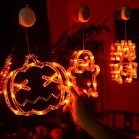 Yeeteesy Halloween Dekorációs Ablakfény - Tökök és Pókok Mintájú Meleg Fehér LED Világítás Beltérre és Kültérre, Elemes Működés, Bambusz Üve 8