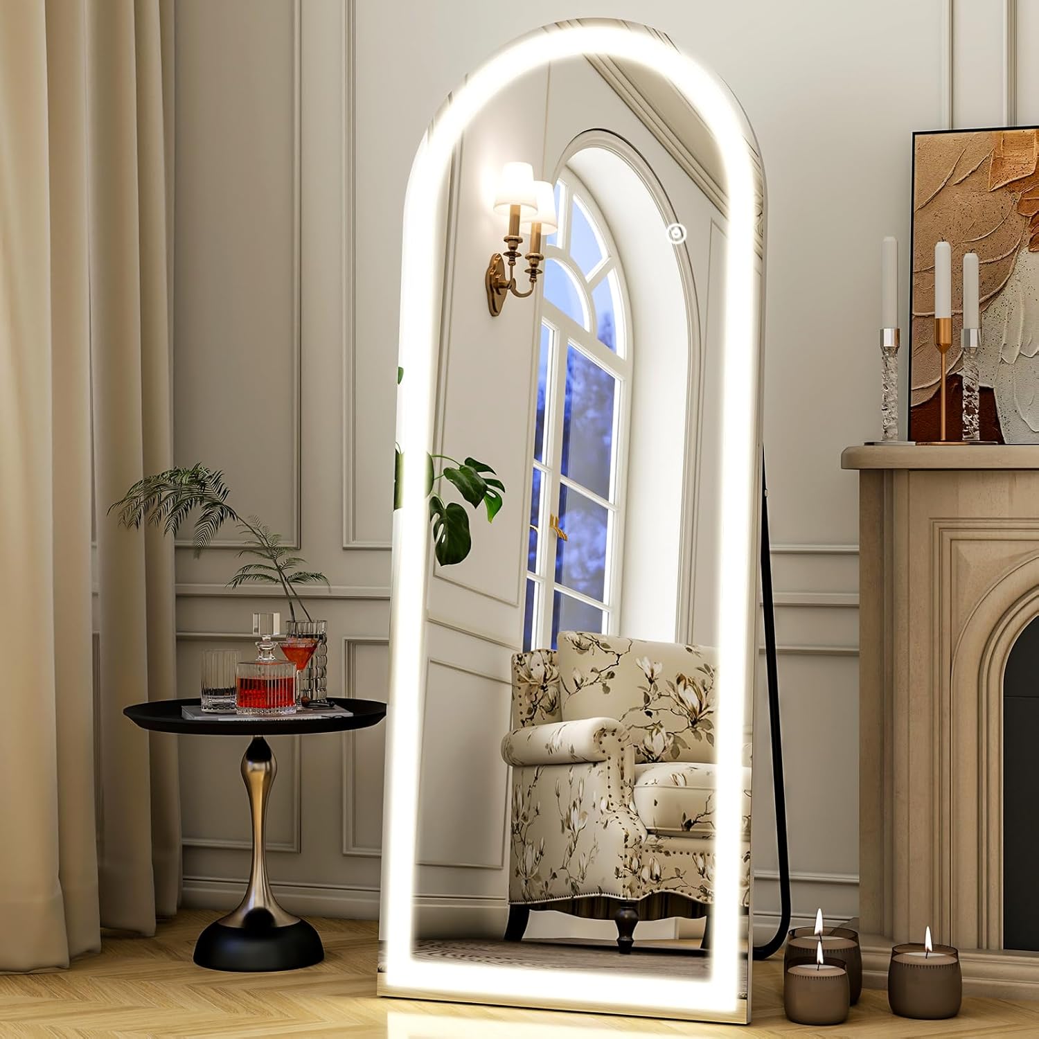 Easly 21"x56" Arched Full Length Mirror with LED Lights, Standing or Wall-Mounted Full Body Mirror with Stand, Dimmable 3-Color Lighted Floor Mirror for Bedroom, Dressing Room, Cloakroom