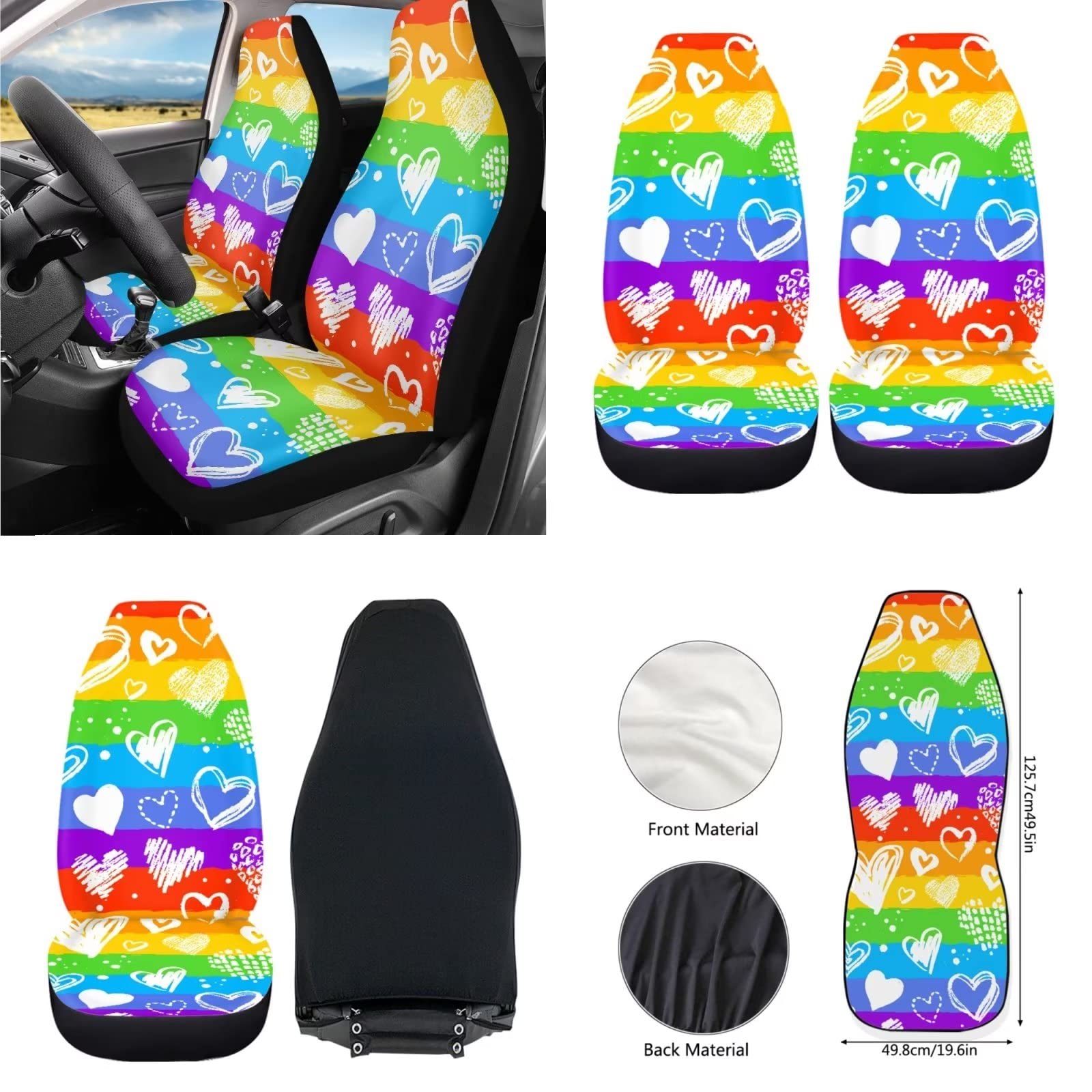 Dolyues Rainbow Heart Love Accessori per auto, SUV, camion, berlina, coprisedile/coprivolante/coprivolante/coprivolante/coprivolante/coprivolante 7 pezzi decorazione auto