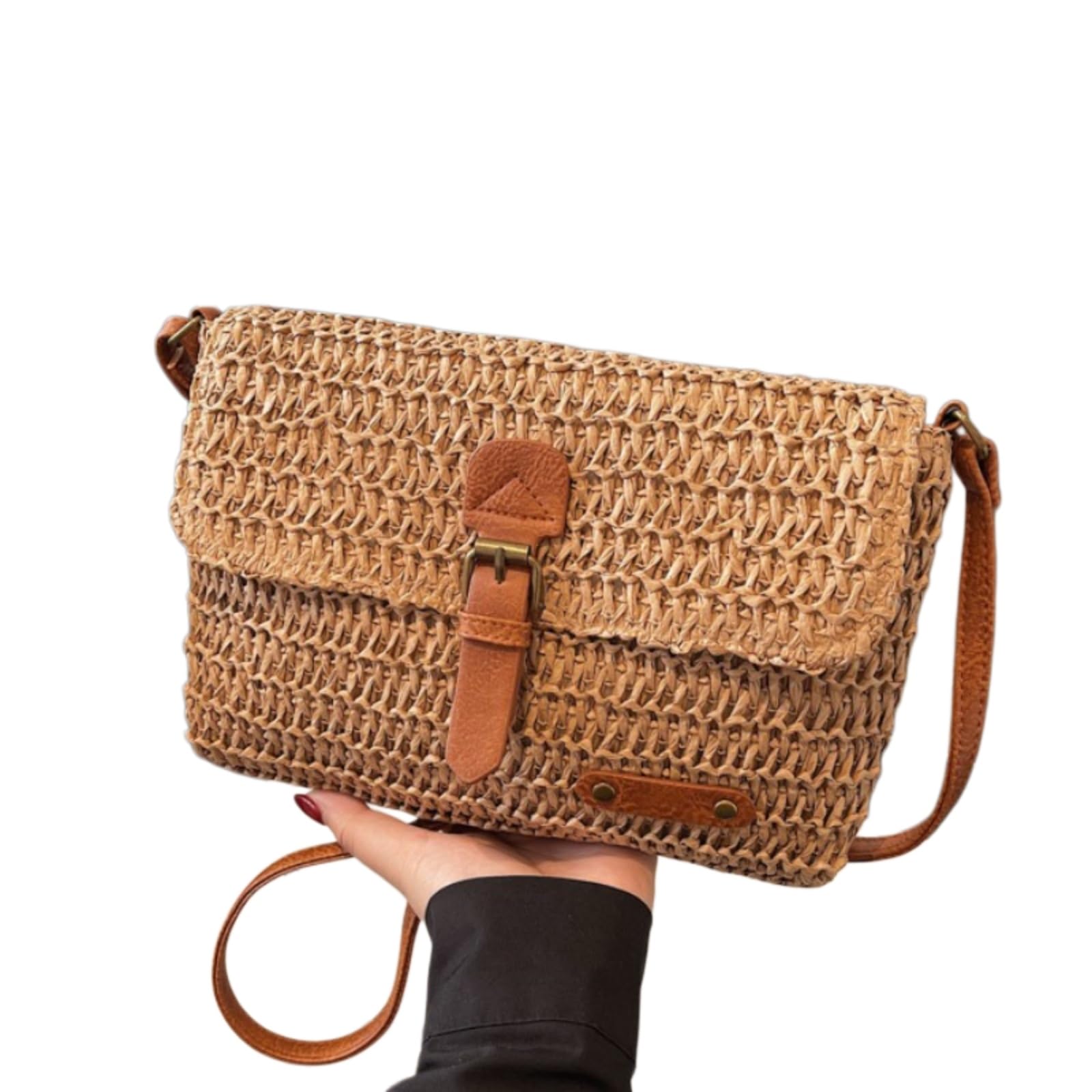 Beauty Case Borsa A Spalla di Paglia Tessuta Donna Crossbody Leggera Viaggio Spiaggia Estiva Elegante-Beige