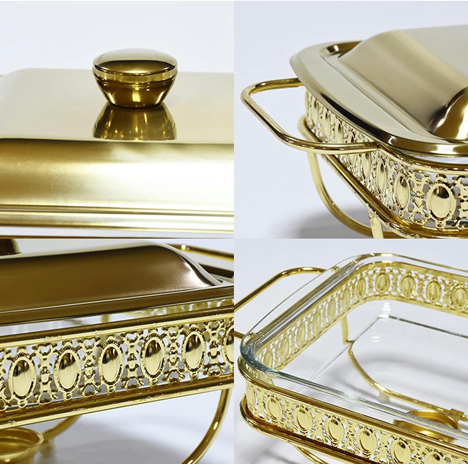Calentador de Alimentos - Juego de Buffet de Acero Inoxidable con Tapa de Vidrio y Soporte Incorporado, diseño Redondo para Fiestas, cenas y Catering.