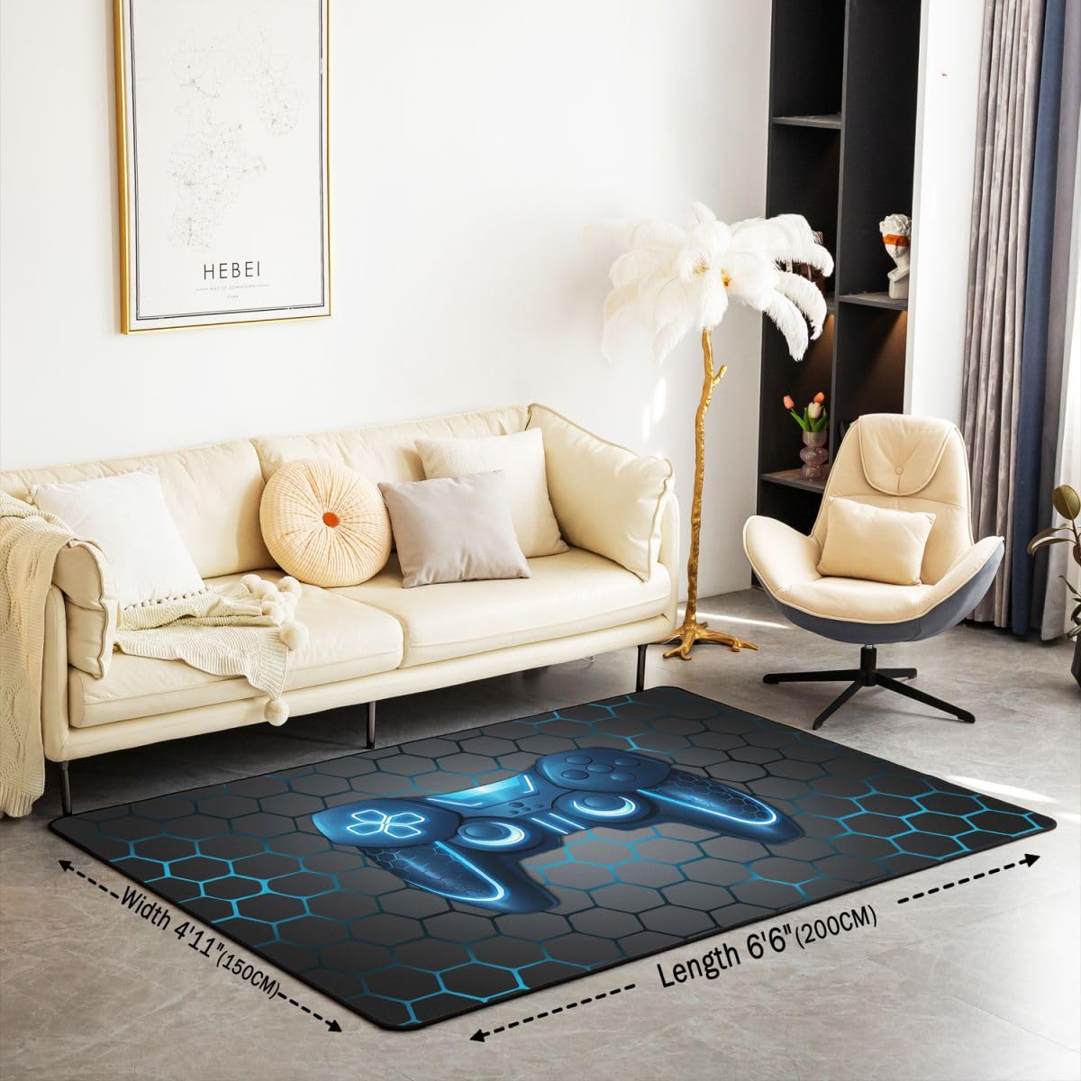 Tappeto per soggiorno con controller di gioco, 150 x 200 cm, motivo a nido d'ape, per camera da letto, per ragazzi e ragazze, motivo videogiochi, decorazione per la casa