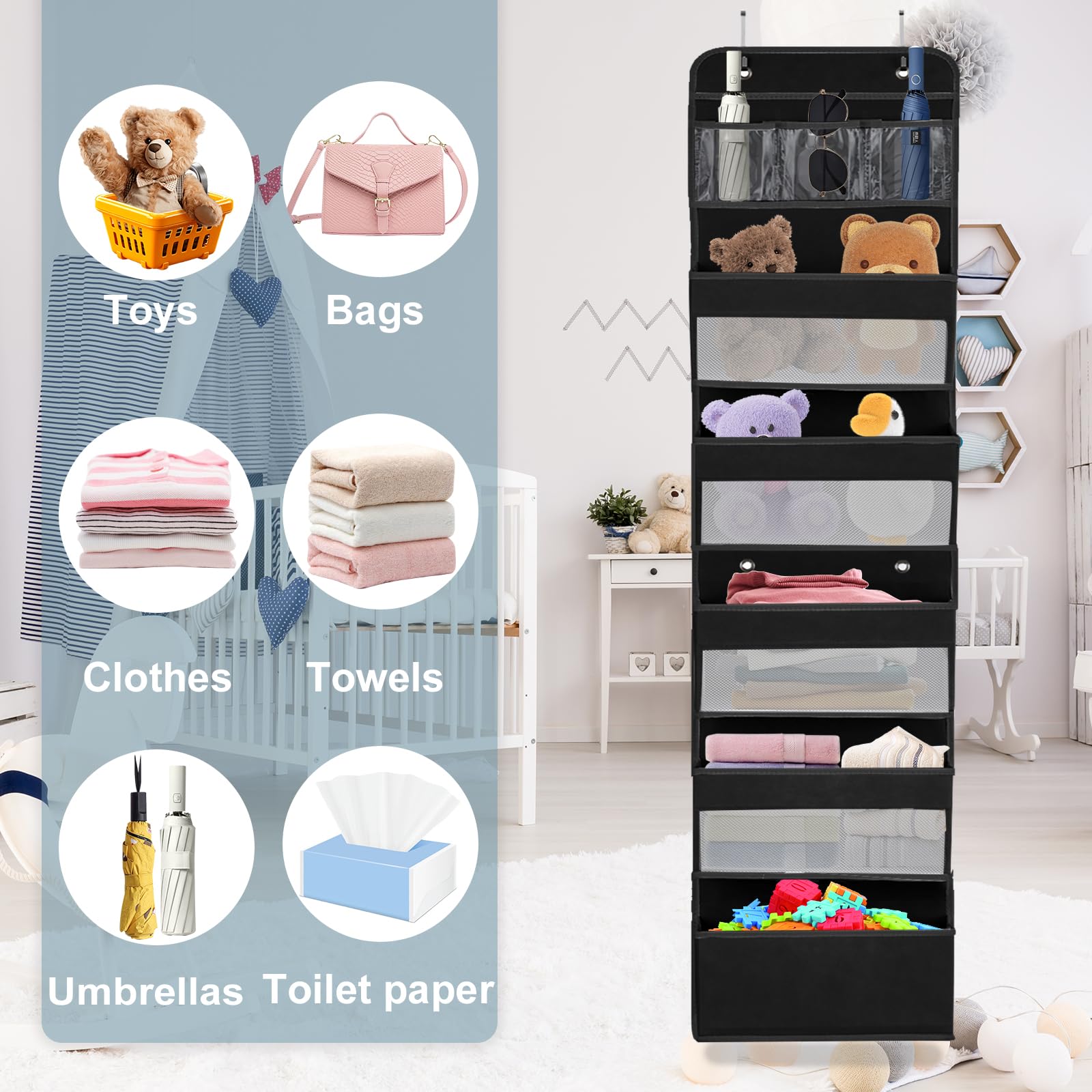 Organizador Colgante Extraíble con 5 Capas y 4 Ganchos - Tela para Colgar en Puerta - para Dormitorios y Habitaciones Infantiles, Negro