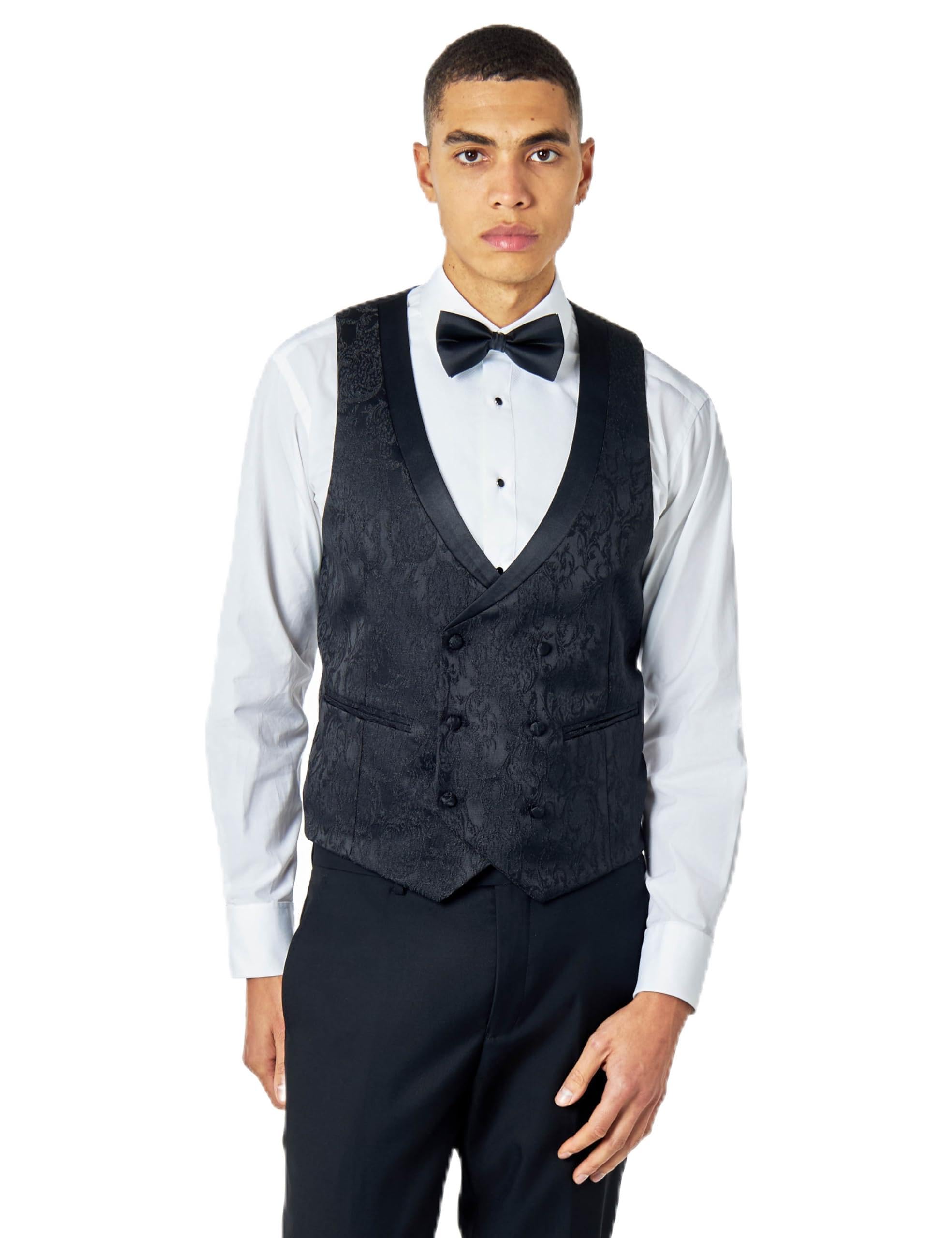 Xposed Men's Black Damask Print Tuxedo Waistcoat Dinner Party Vest [Wc-V8231-A1-Louis-, Uk/Us 48 Eu 58]