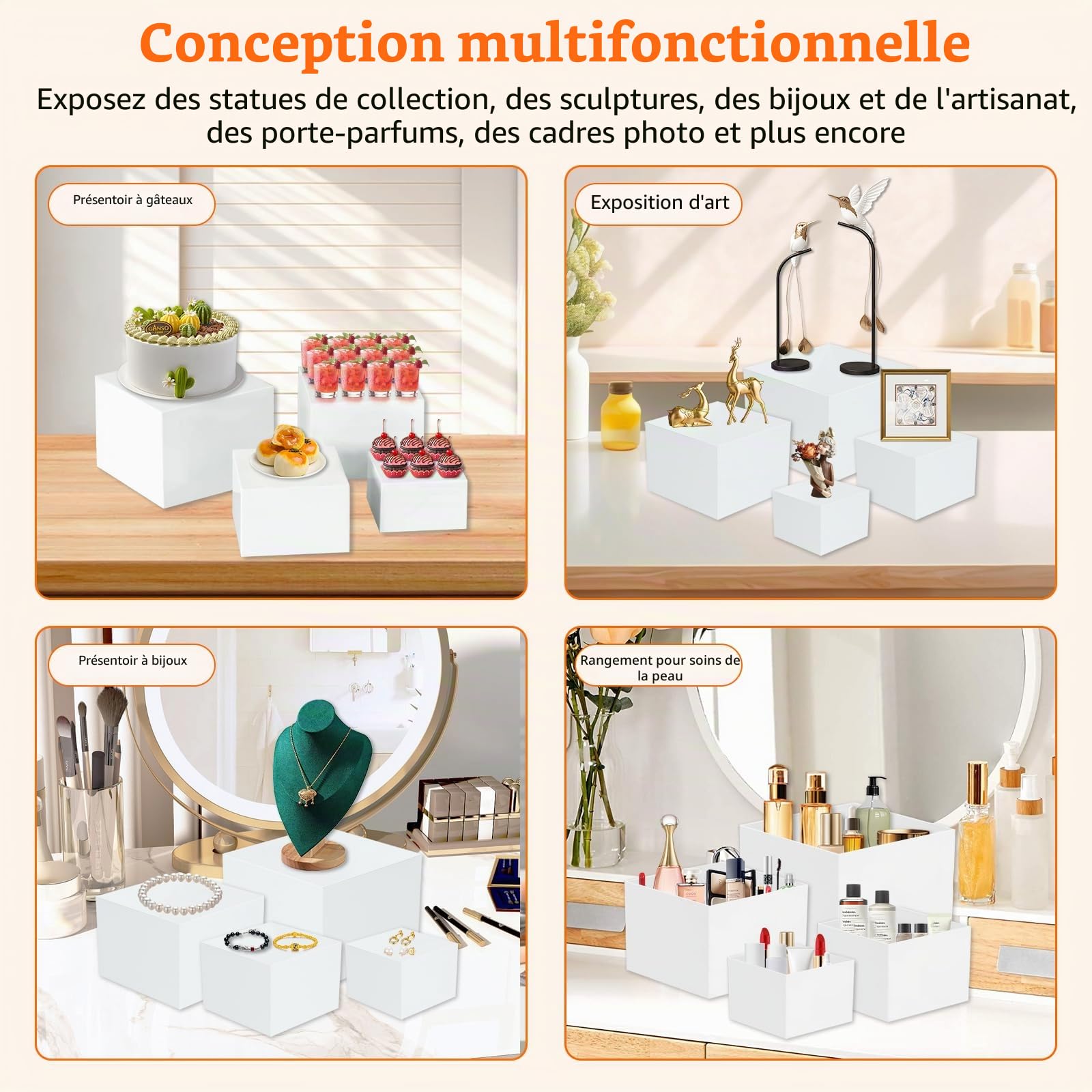 Presentoir Aperitif Buffet, Lot de 4 (20/18/15/13 cm) Présentoirs pour Gâteaux Acrylique, Supports Buffet Mariage, Desserts, Objets Collection, Bijoux, Stand Cubique Emboîtable en Différentes Tailles