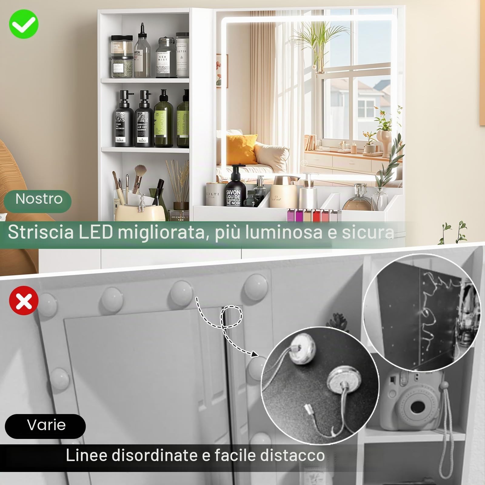 Toeletta Trucco 3-in-1 con Specchio Luci LED - Postazione Makeup, Scrivania e Comodino - Toeletta Bianca Moderna 90 cm, Maniglia Diamante