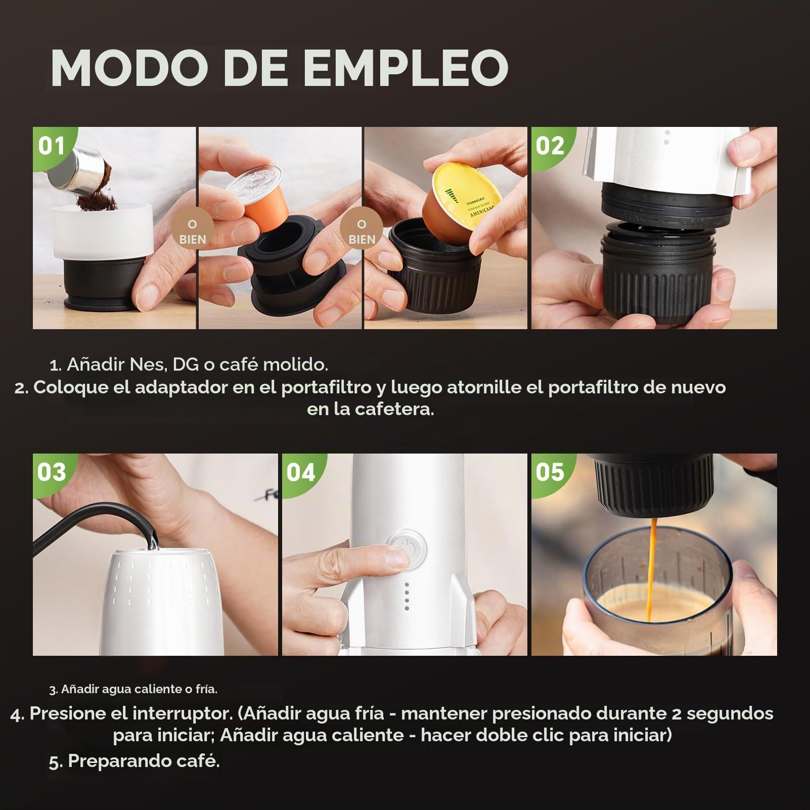 Cafetera expreso portátil 3 en 1 para llevar, cafetera expreso eléctrica autocalentable, mini cafetera para viajes, camping/senderismo, para café molido y cápsulas NS/DG, color blanco