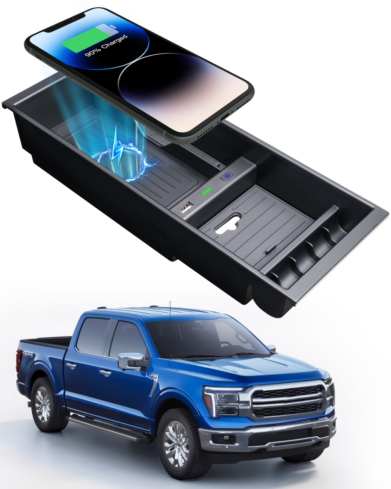 CarQiWireless Wireless Charger for F150 2009-2023, Center Console Organizer Box for Ford F150 Accessories F-150 2009 2010 2011 2012 2013 2014 2015 2016 2017 2018 2019 2020 2021 2022 2023 2015-2018