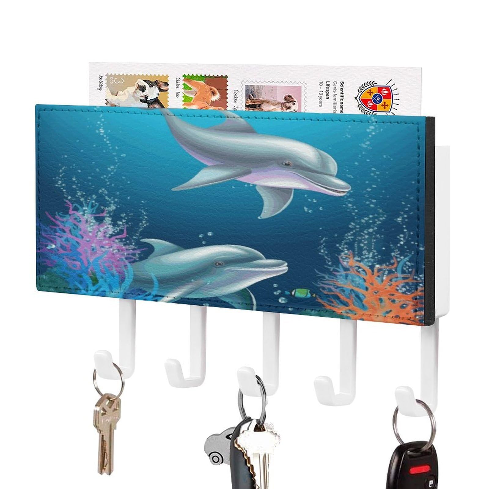 FekiLoot Dolphin and Fish Key Holder for Wall Decorative Mail Organizer with 5 Key Hook Self Adhesive Key Rack with Tray Coat Rack Wall Mount Key Hanger Decor for Entryway Door