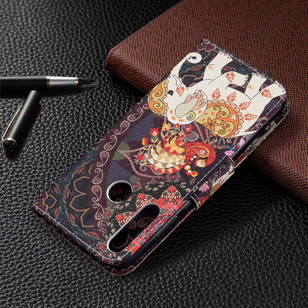 AIFILLE Custodia a Libro in Pelle PU per Huawei Y6P Flip Smart Magnetica con Porta Carta di Credito Funzione di Appoggio Modello Elefante Mandala Retro Animali Cover Antiurto Protettiva Bumper