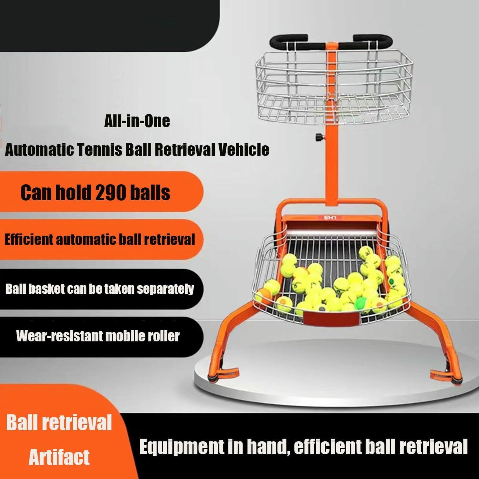Raccoglitore automatico di palline da tennis, cestino per retriever con spinta manuale, contiene 290 palline per un facile ritiro sul campo