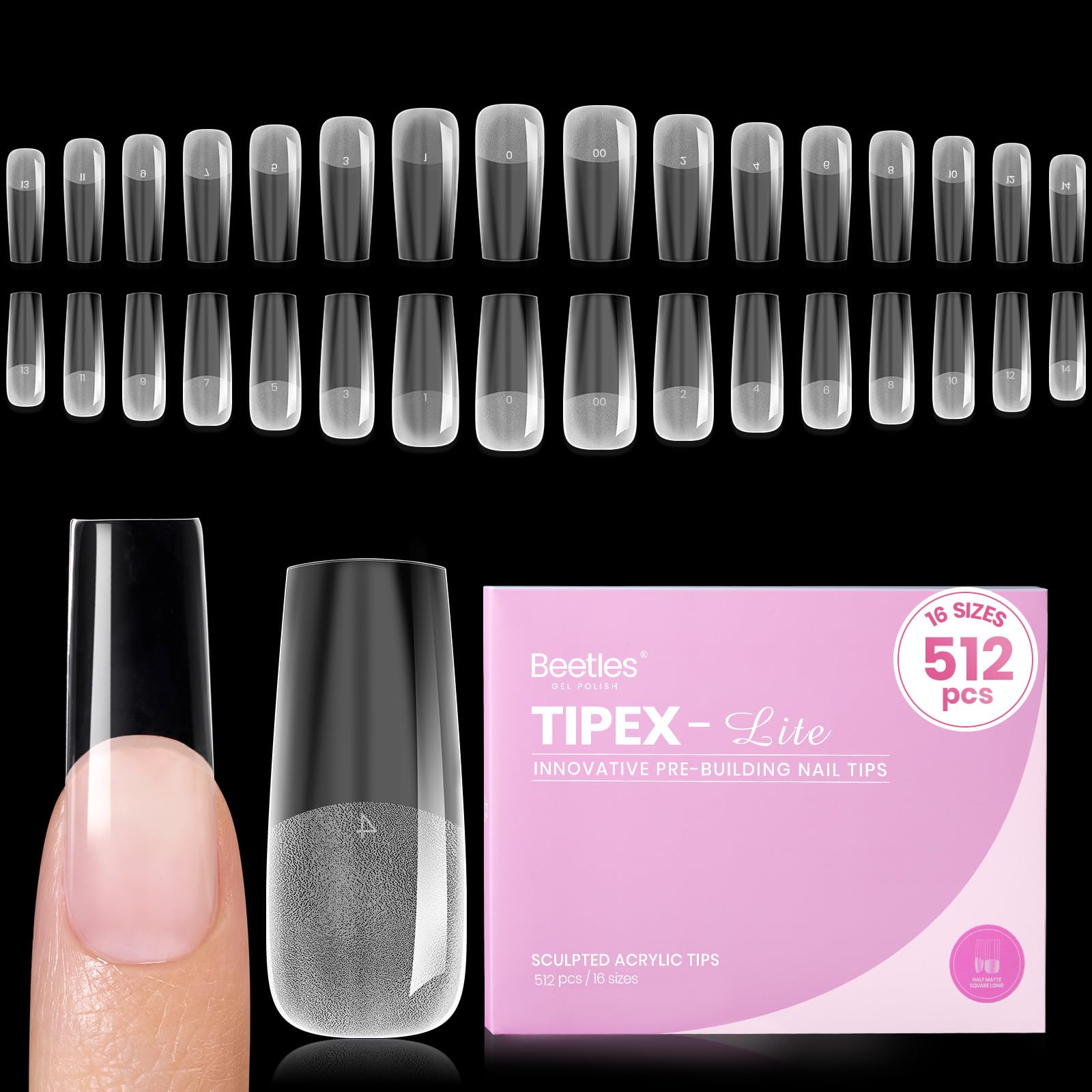 Beetles Gel Polish Beetles Tipex Lite Instant Nail Tips, Long Square, 512pcs 16 Sizes(00-14)