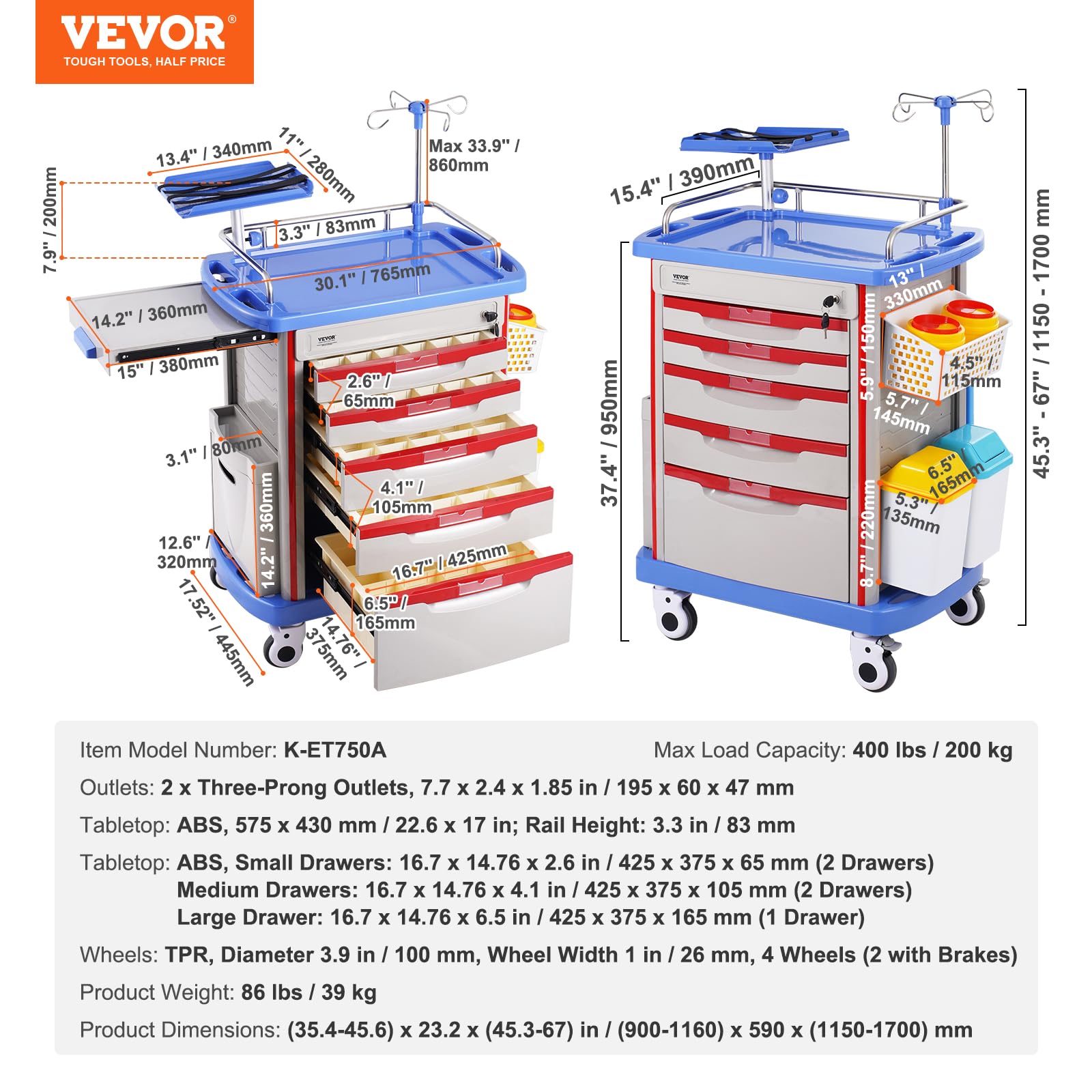 VEVOR Carrello da Laboratorio 5 Ripiani con Cassetti e Ruote Silenziose, PP, Blu