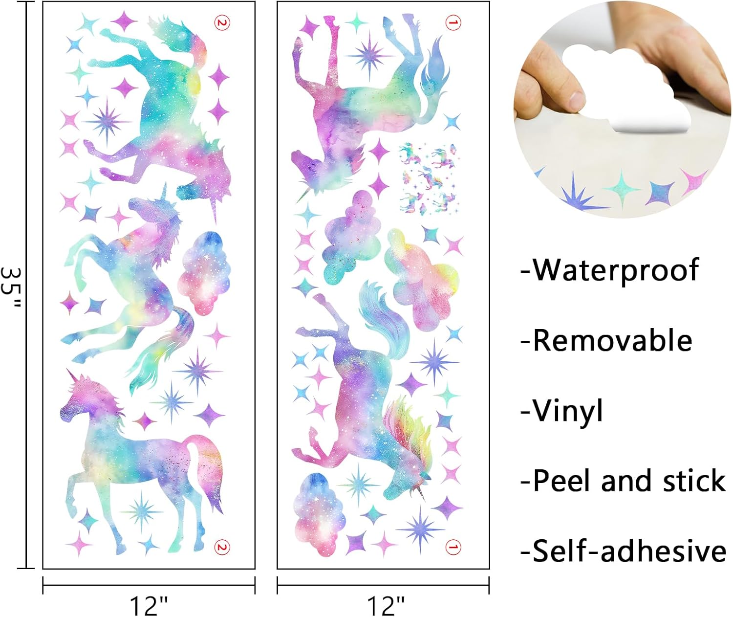 Mfault Galaxy Unicorn Watercolor Wall Decals Stickers, Pastel Gradient Glitter Clouds Stars Nursery Decorations Baby Bedroom Art, Toddlers Kids Girls Boys Room Playroom Decor - Image 2