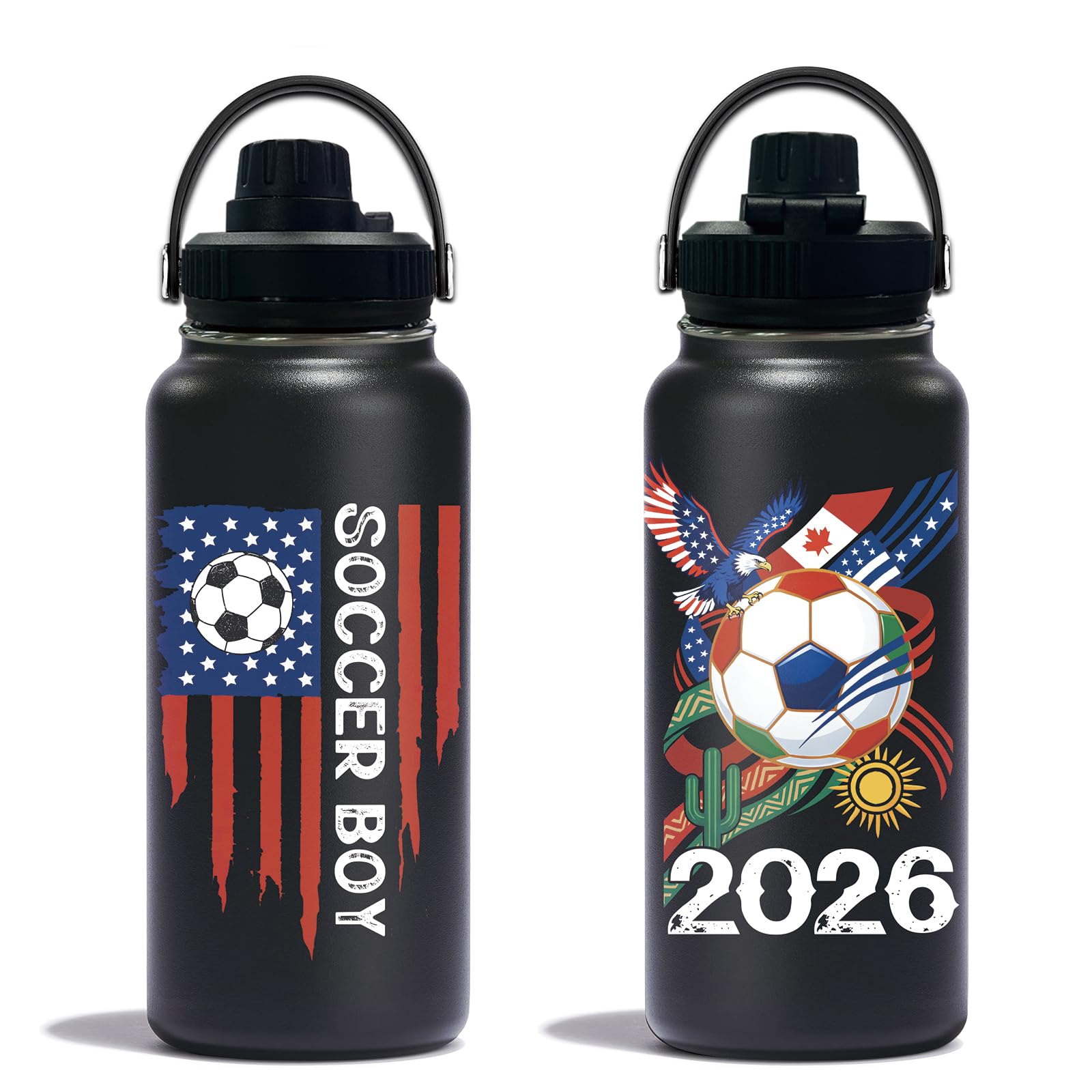 WWHSAI World Cup 2026 Water Bottle 32oz - Soccer Boy Nutriton Facts Stainless Steel Insulated Tumbler for Soccer Fans & Collectors -Sports Coach Gifts, Gift for Teens, Black Sports Travel Mug