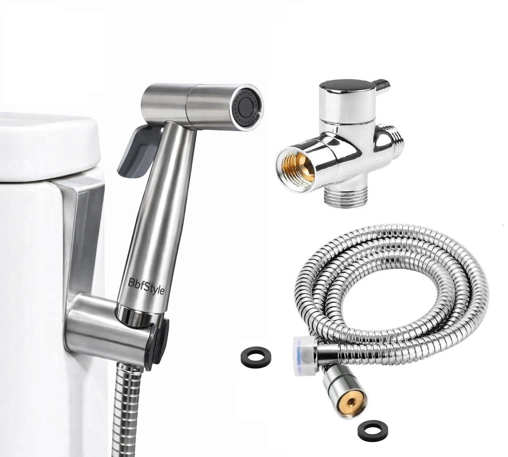 BbfStyle - Marque Française - SUS 304 - Kit douchette WC pour l'hygiène intime - Avec Vanne 3 voies aux Standard Français (3/8"-12x17mm) - Métallique - Finition Nickel Brossé - Taharat