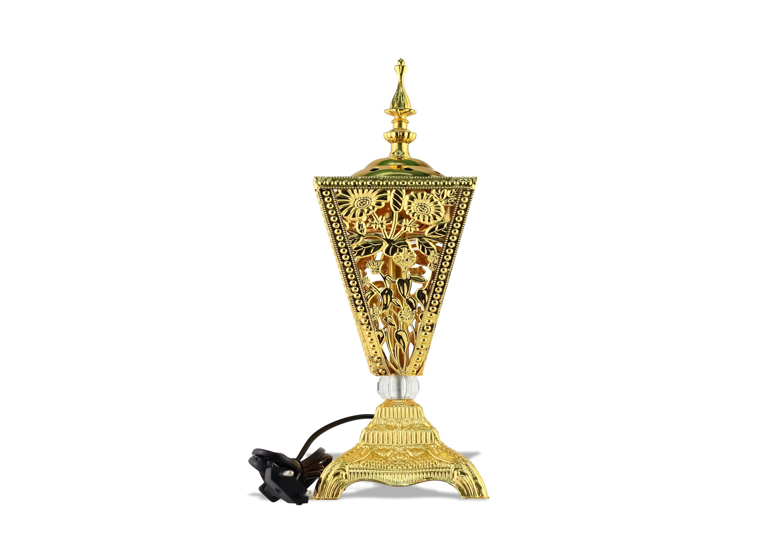 Arabian Electric Incense Burner Metal Vintage Arabic Burner - Electric Bakhoor Incense Holder for Arabian Oud, Home & Hotel Decor (P.Gold)