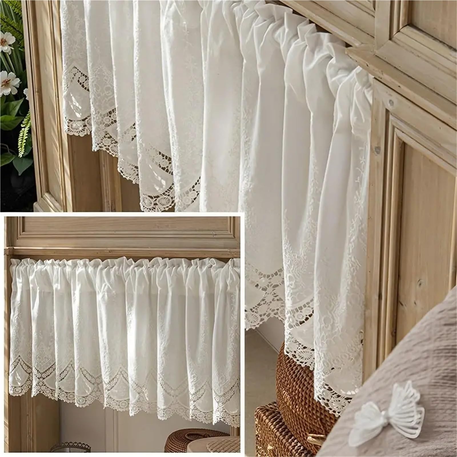 Tende Corte Tenda in cotone stile fattoria, elegante tendaggio for finestre in pizzo floreale, bianca corta for libreria da cucina e camera da letto(W200xH110cm)
