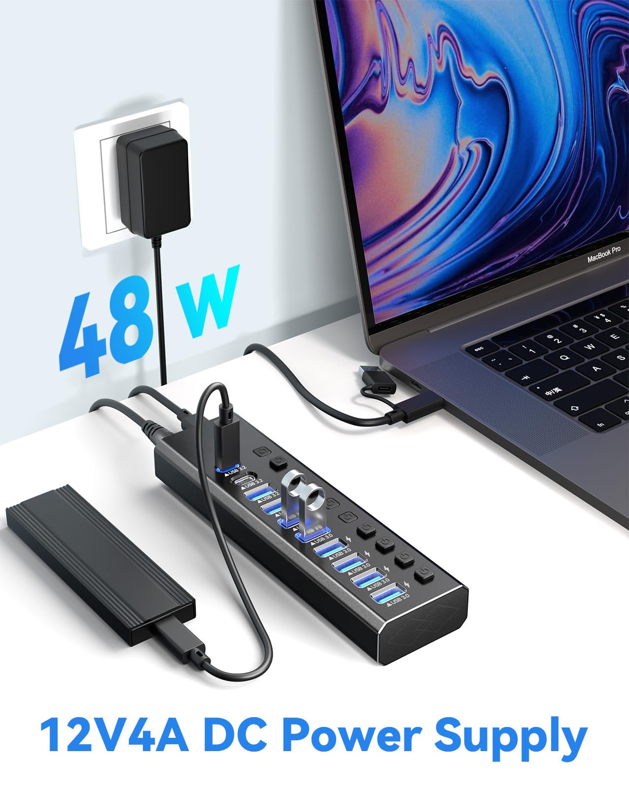 Hub USB 3.2 alimenté en Aluminium 10 Ports USB 3.2 avec Adaptateur d'alimentation 12 V/4 A, interrupteurs Marche/arrêt individuels et LED