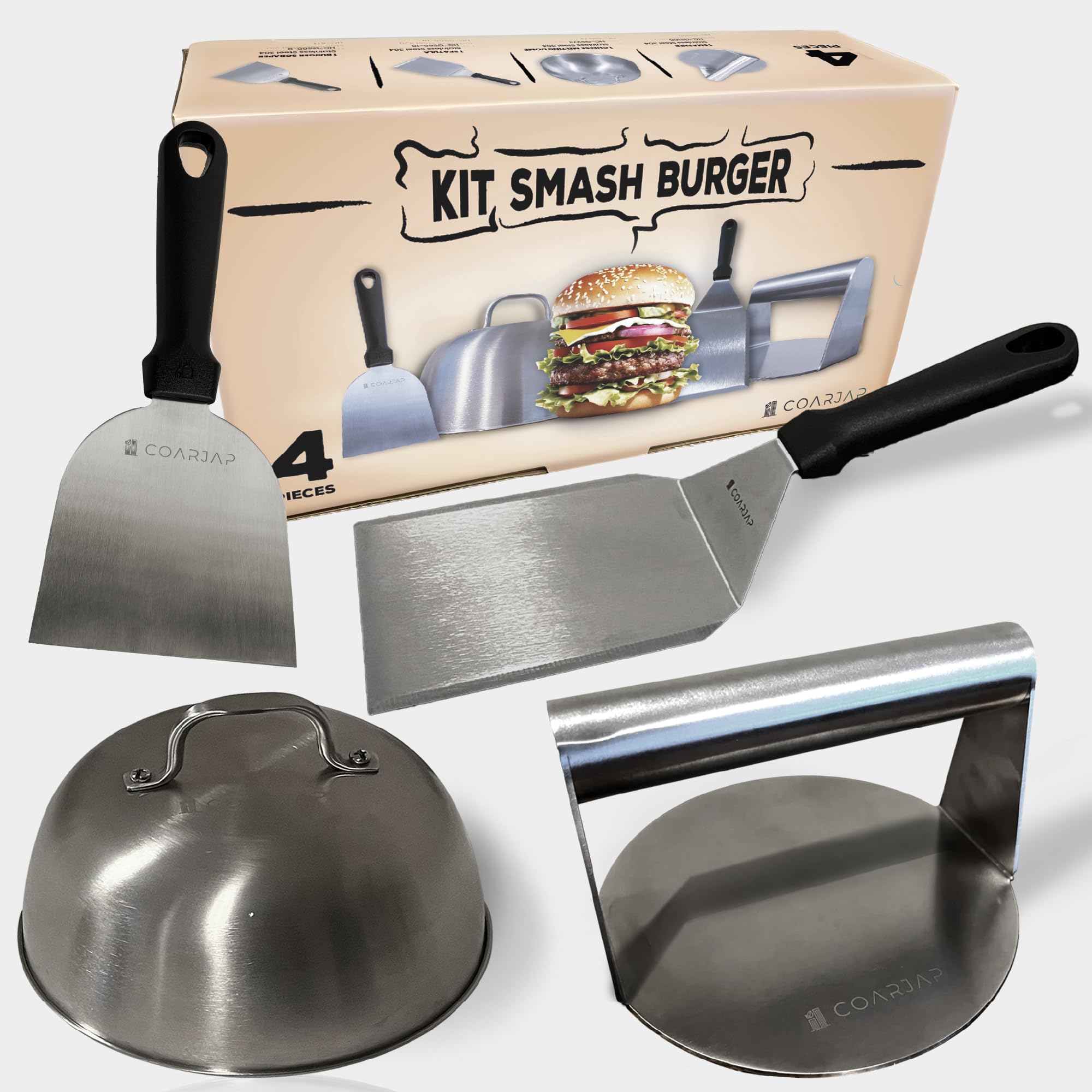 Burger Set Grill Starter – 4-teiliges Burger Smasher Smashed Set mit Smash Burgerpresse, Burgerglocke und Grillspachtel Zubehör Set – Edelstahl 304 – Lebensmittelecht - Burger Geschenkset